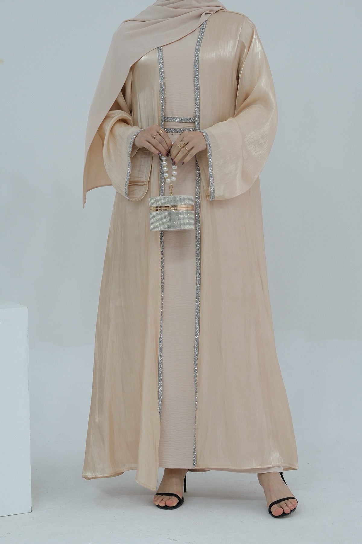 Ahmed Satin Open Abaya with Shiny Belt 699 - Beige - Meliza