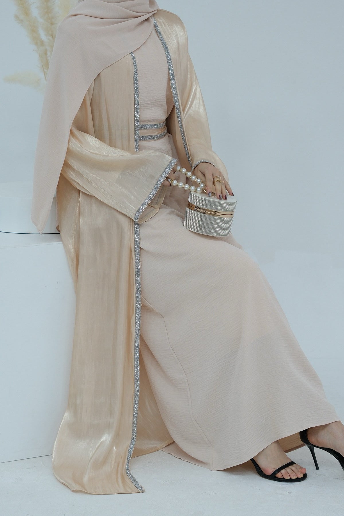 Ahmed Satin Open Abaya with Shiny Belt 699 - Beige - Meliza