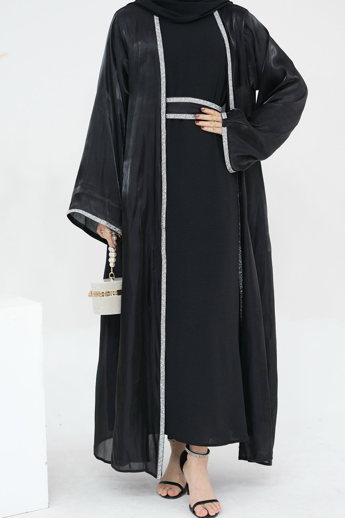 Ahmed Satin Open Abaya with Shiny Belt 699 - Black - Meliza