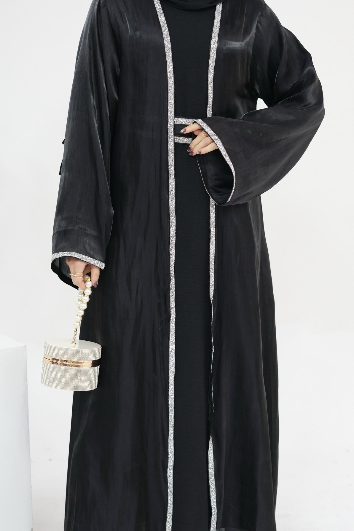 Ahmed Satin Open Abaya with Shiny Belt 699 - Black - Meliza