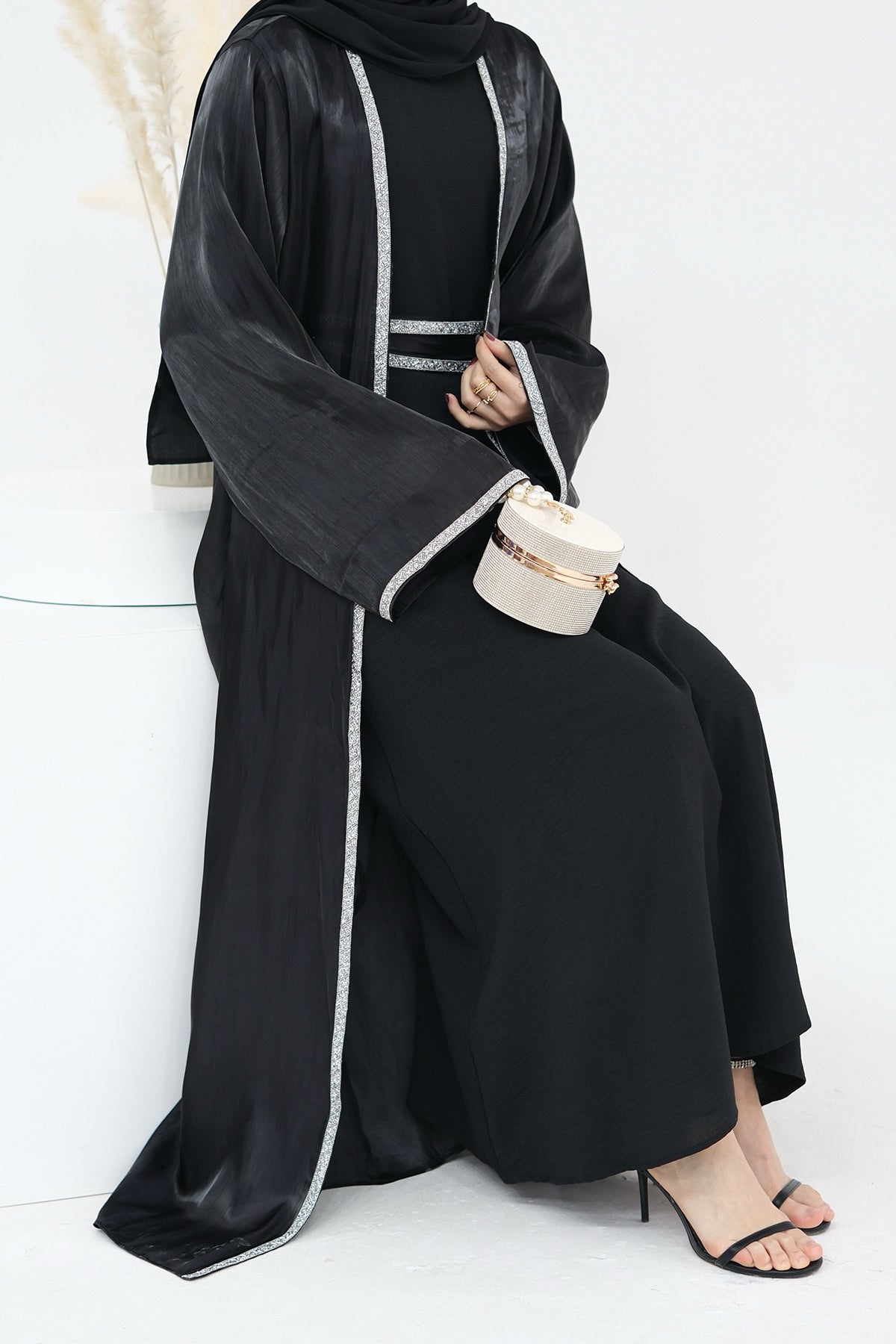 Ahmed Satin Open Abaya with Shiny Belt 699 - Black - Meliza