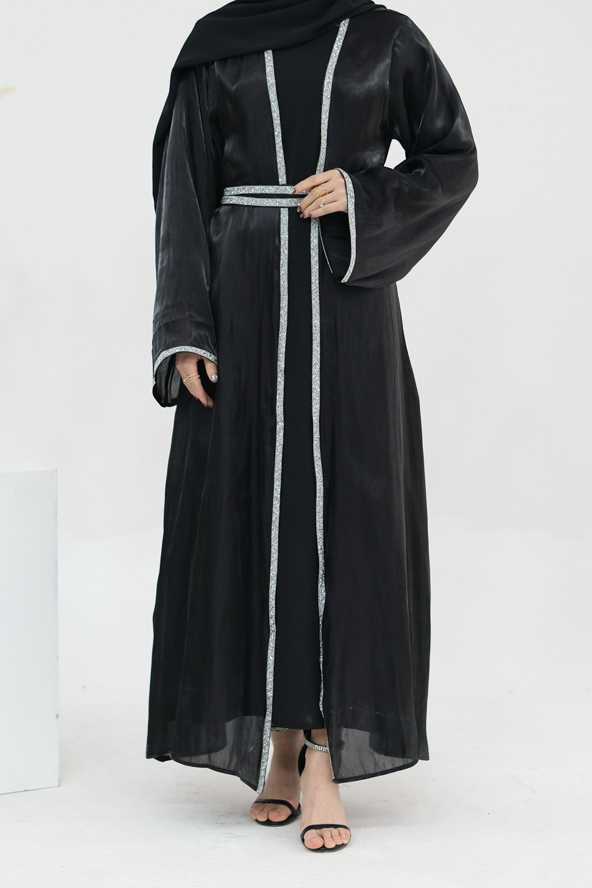 Ahmed Satin Open Abaya with Shiny Belt 699 - Black - Meliza