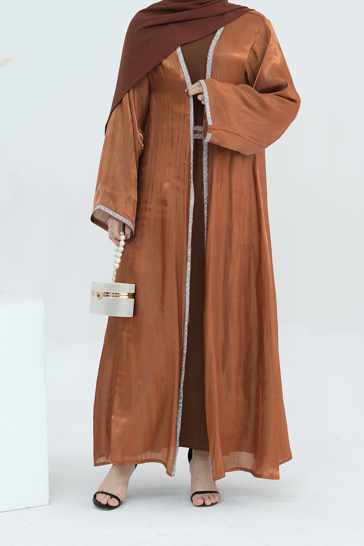 Ahmed Satin Open Abaya with Shiny Belt 699 - Coffee - Meliza