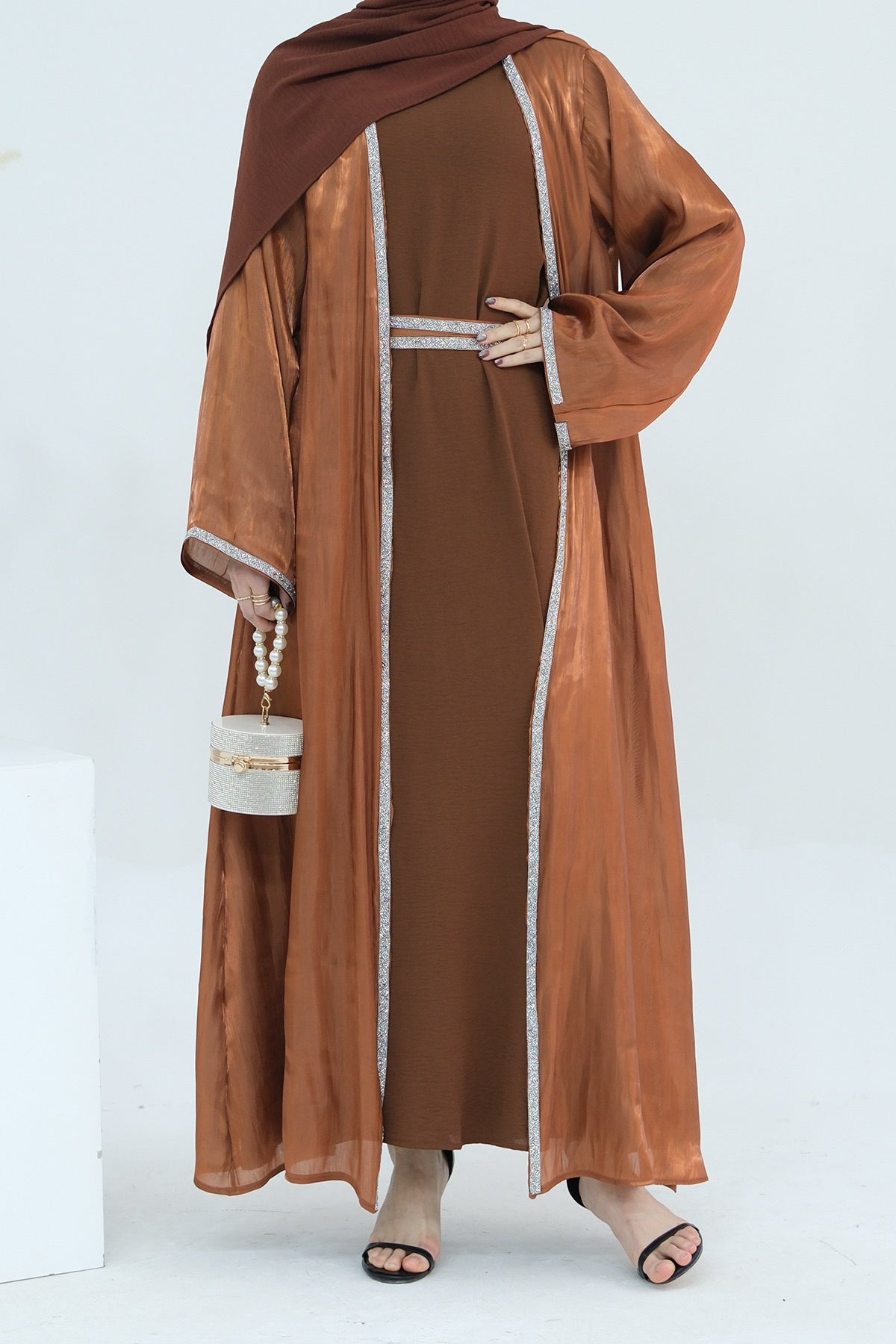 Ahmed Satin Open Abaya with Shiny Belt 699 - Coffee - Meliza