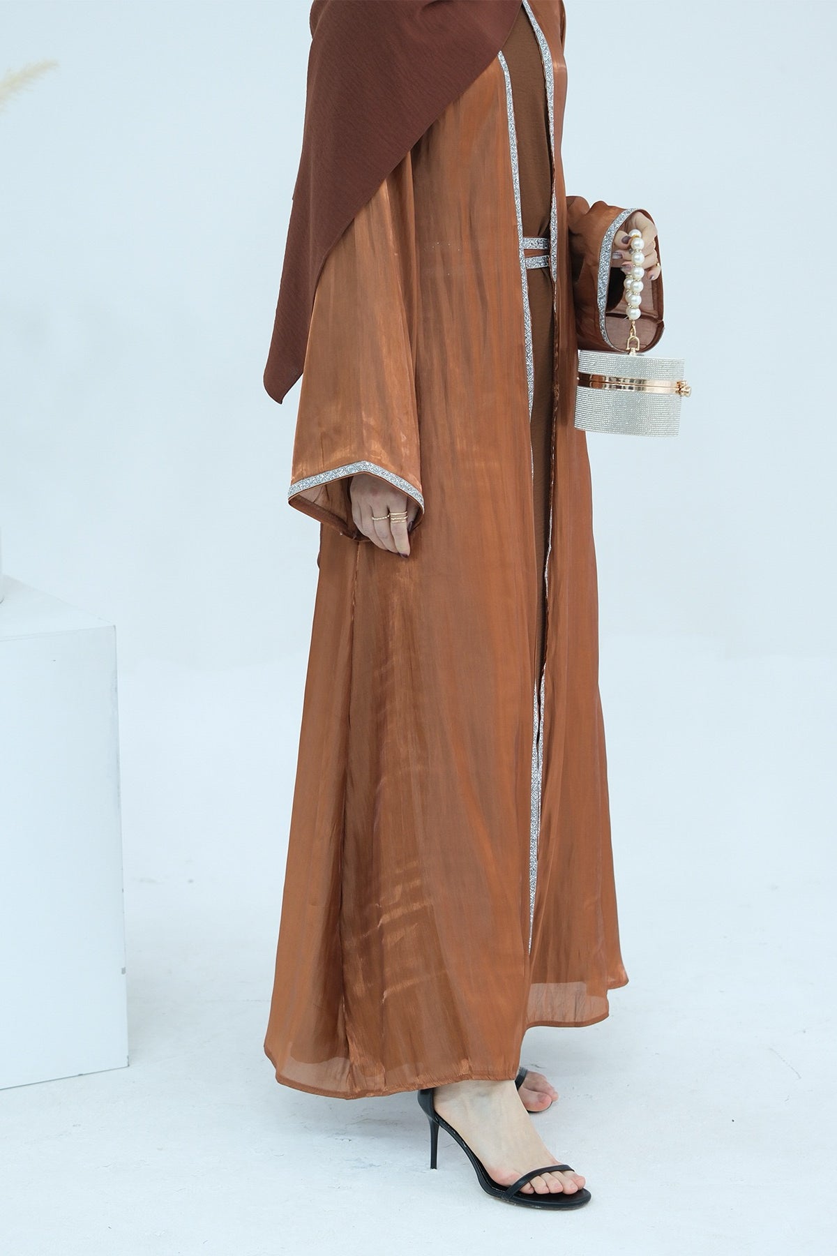 Ahmed Satin Open Abaya with Shiny Belt 699 - Coffee - Meliza