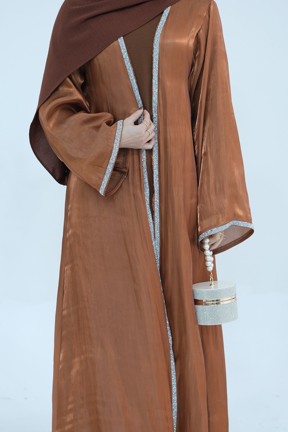 Ahmed Satin Open Abaya with Shiny Belt 699 - Coffee - Meliza