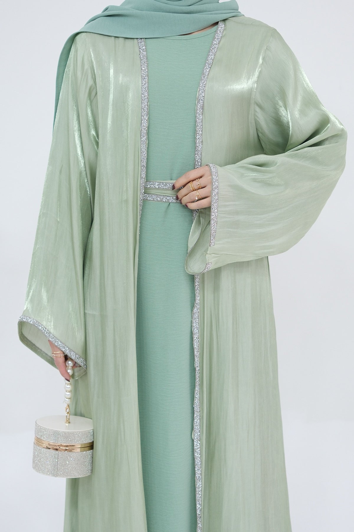 Ahmed Satin Open Abaya with Shiny Belt 699 - Mint Green - Meliza