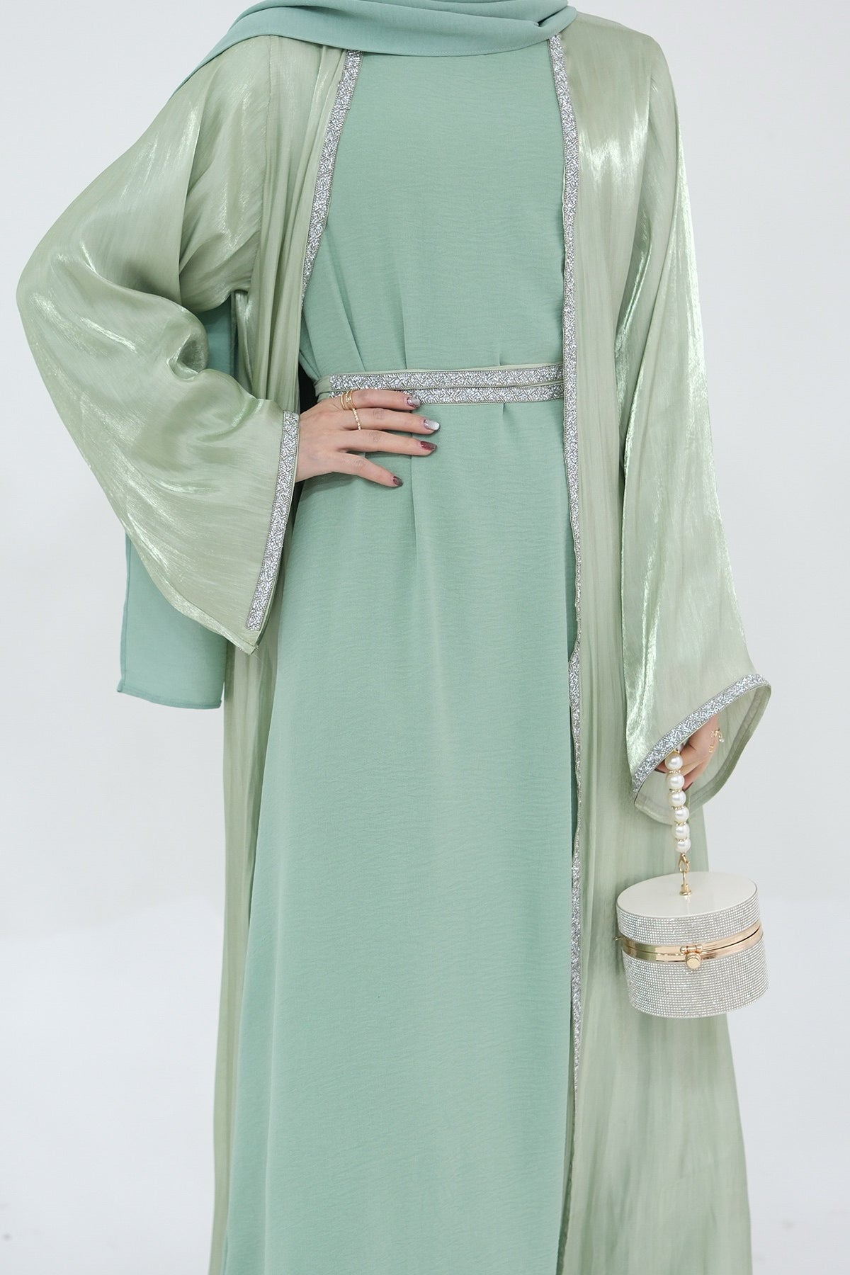 Ahmed Satin Open Abaya with Shiny Belt 699 - Mint Green - Meliza