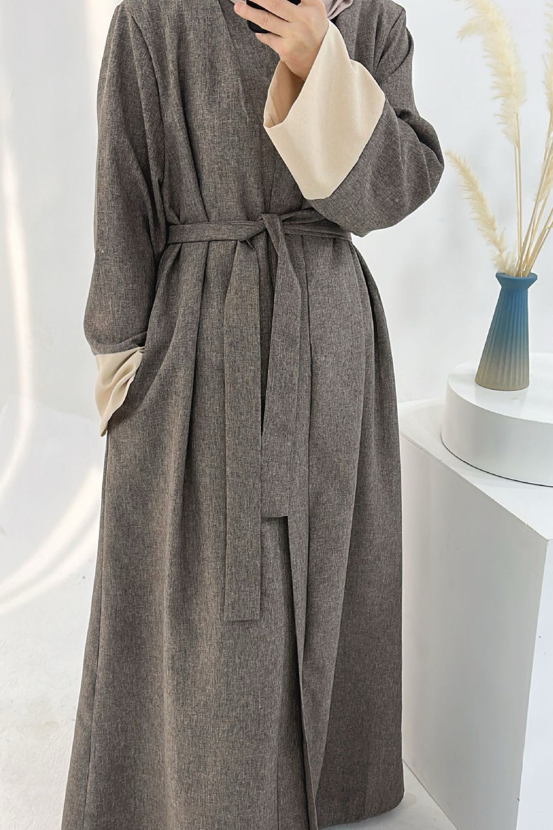 Hassan Cotton and Linen Open Abaya with Belt 744 - Coffee - Meliza