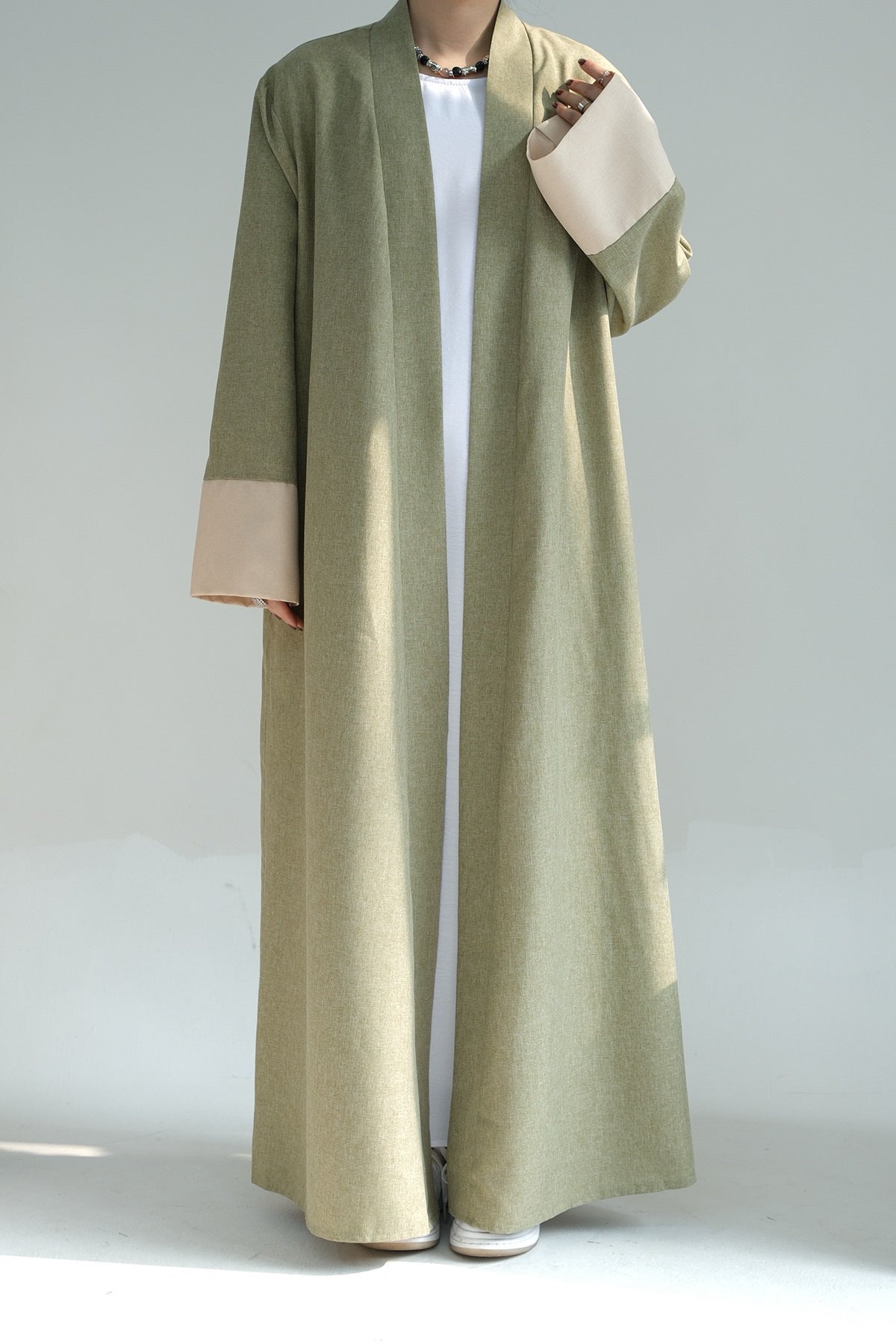 Hassan Cotton and Linen Open Abaya with Belt 744 - Green - Meliza