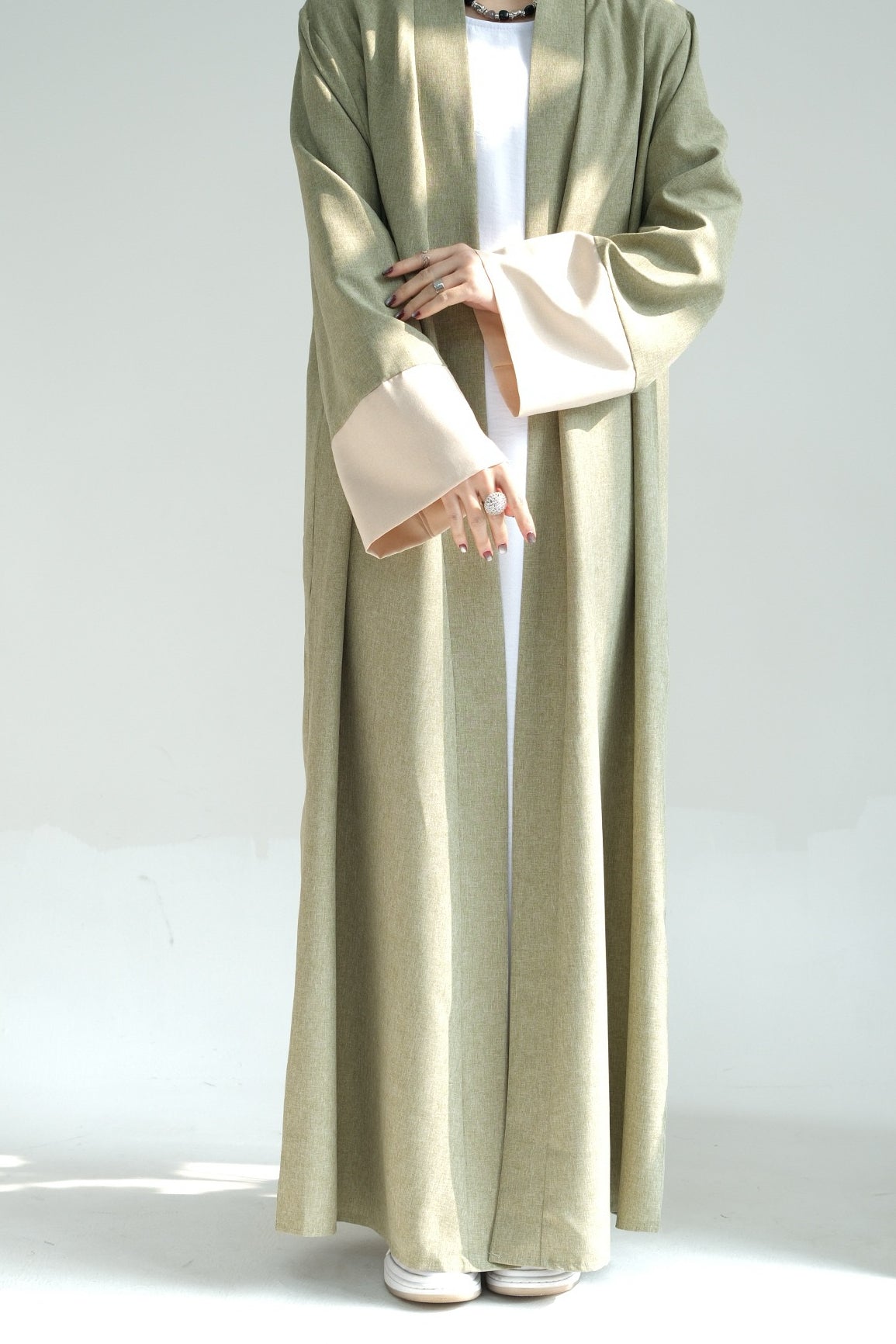 Hassan Cotton and Linen Open Abaya with Belt 744 - Green - Meliza