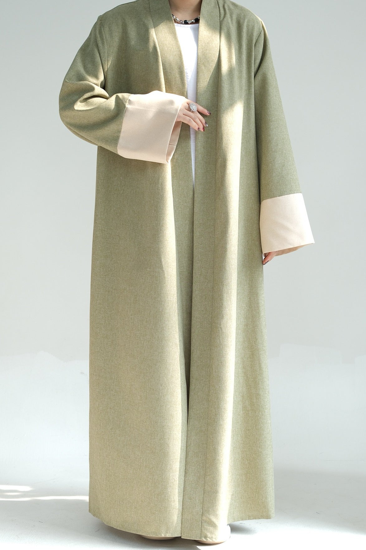 Hassan Cotton and Linen Open Abaya with Belt 744 - Green - Meliza