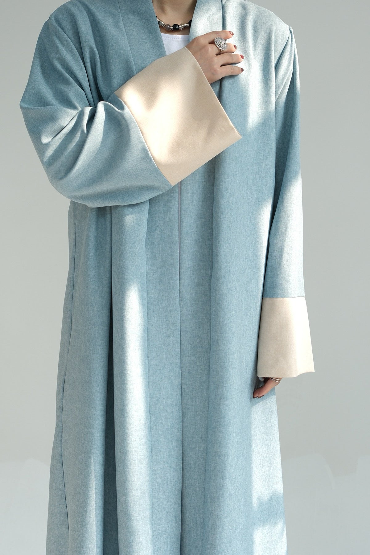 Hassan Cotton and Linen Open Abaya with Belt 744 - Blue - Meliza