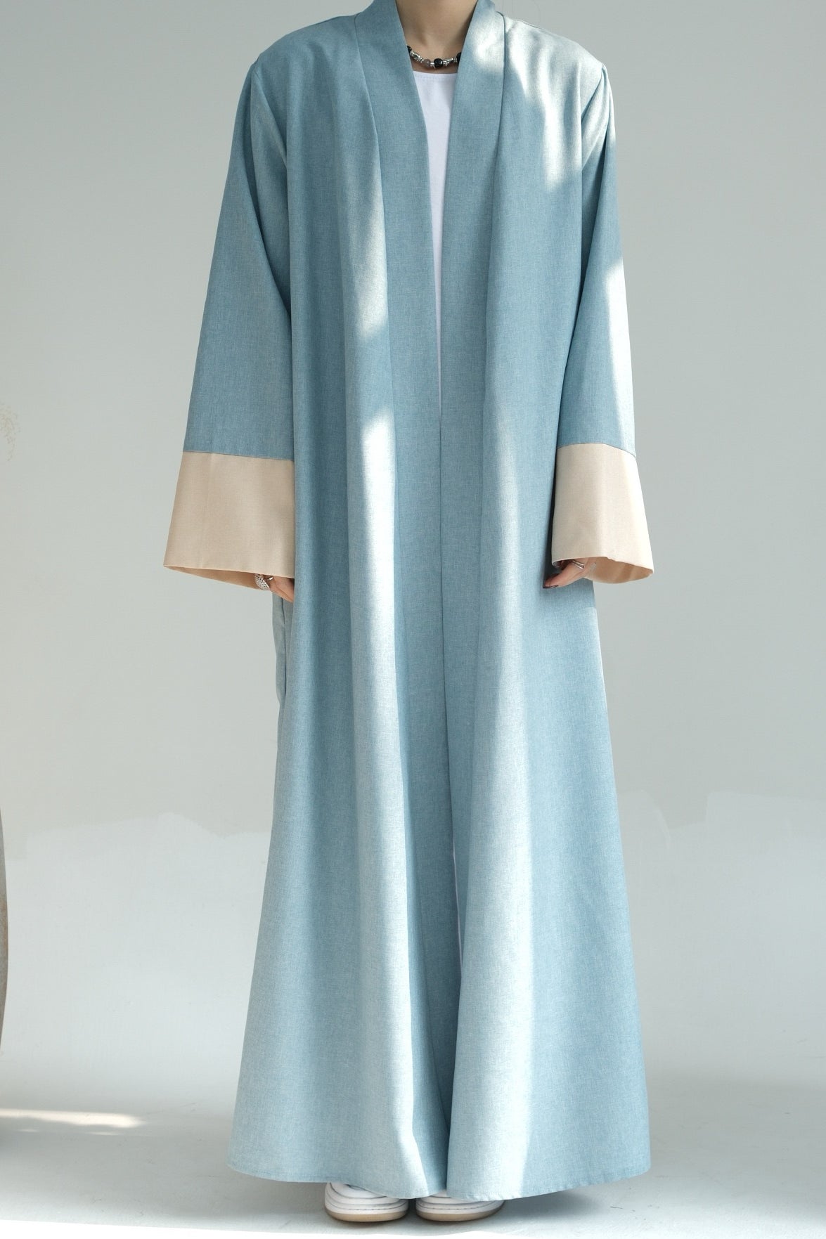 Hassan Cotton and Linen Open Abaya with Belt 744 - Blue - Meliza