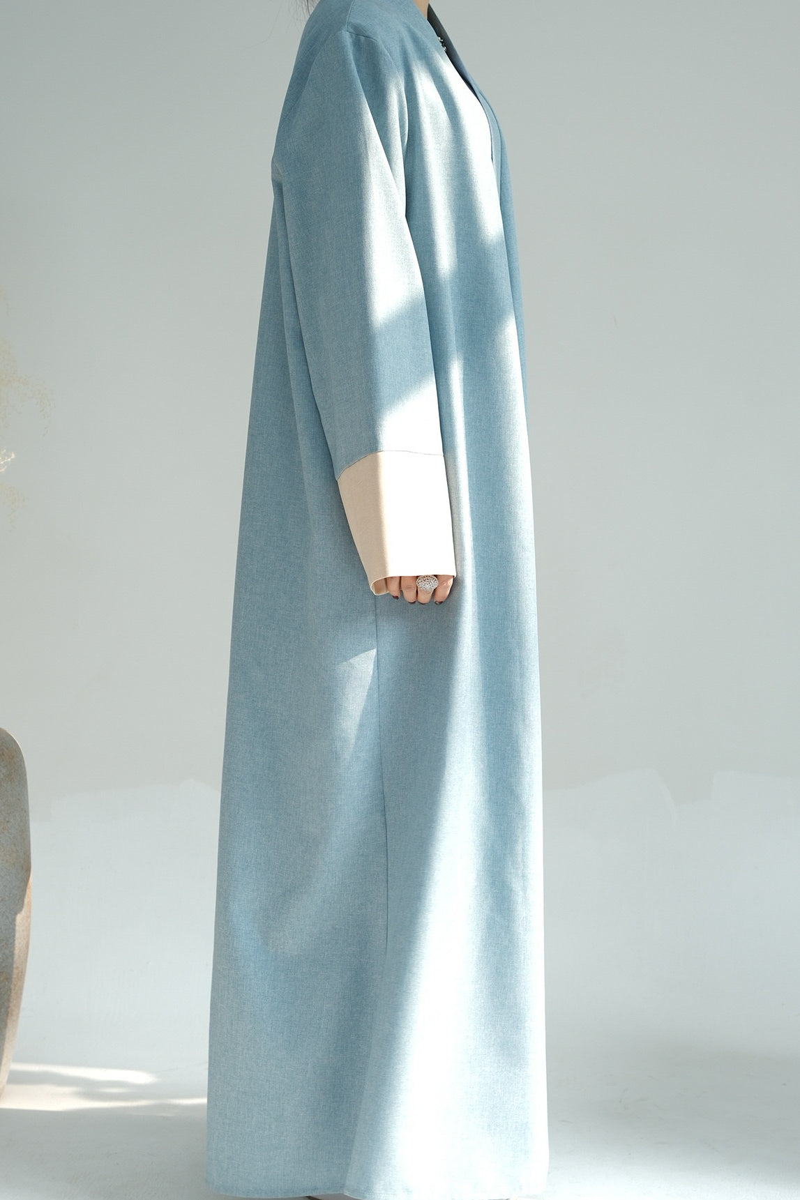 Hassan Cotton and Linen Open Abaya with Belt 744 - Blue - Meliza