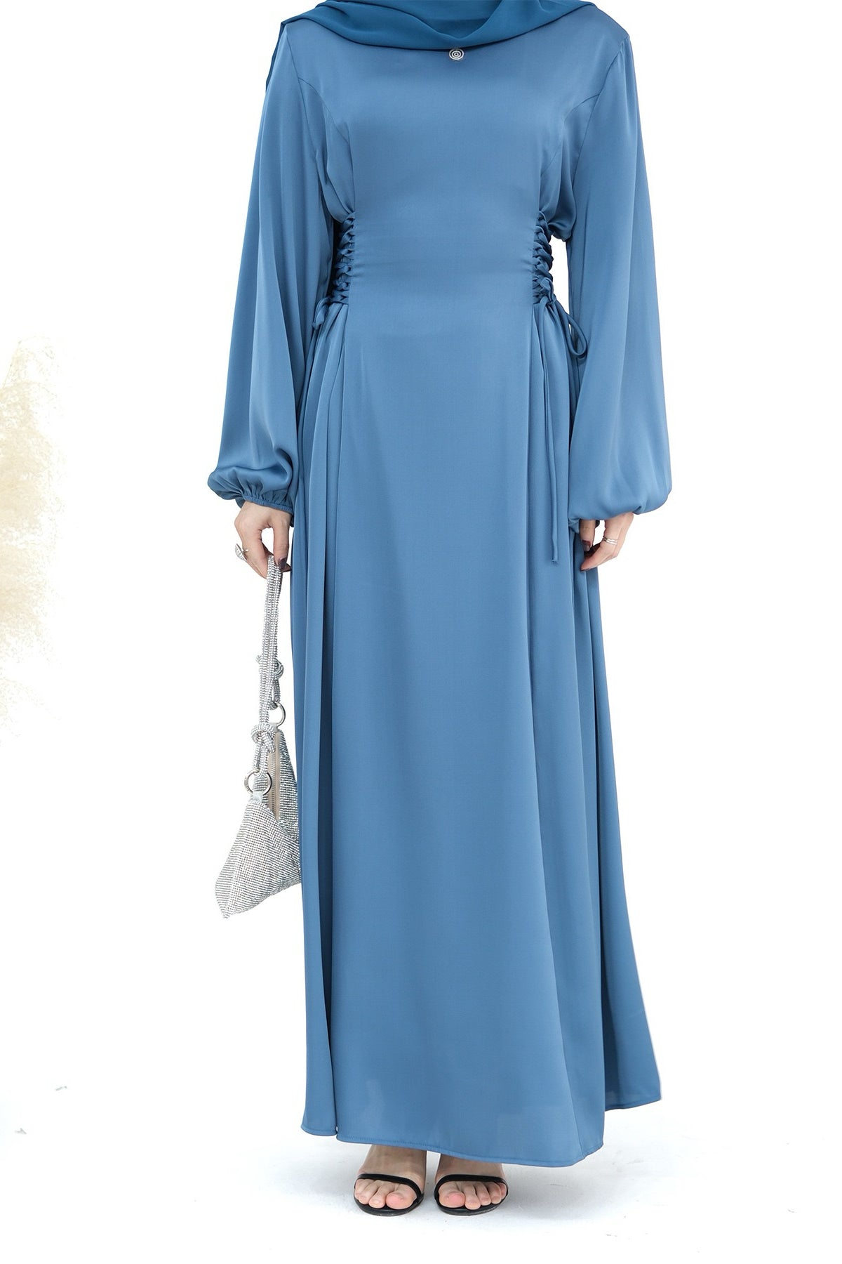 Nasir Satin Bubble Sleeve Abaya with Cinched Waist 702 - Blue - Meliza