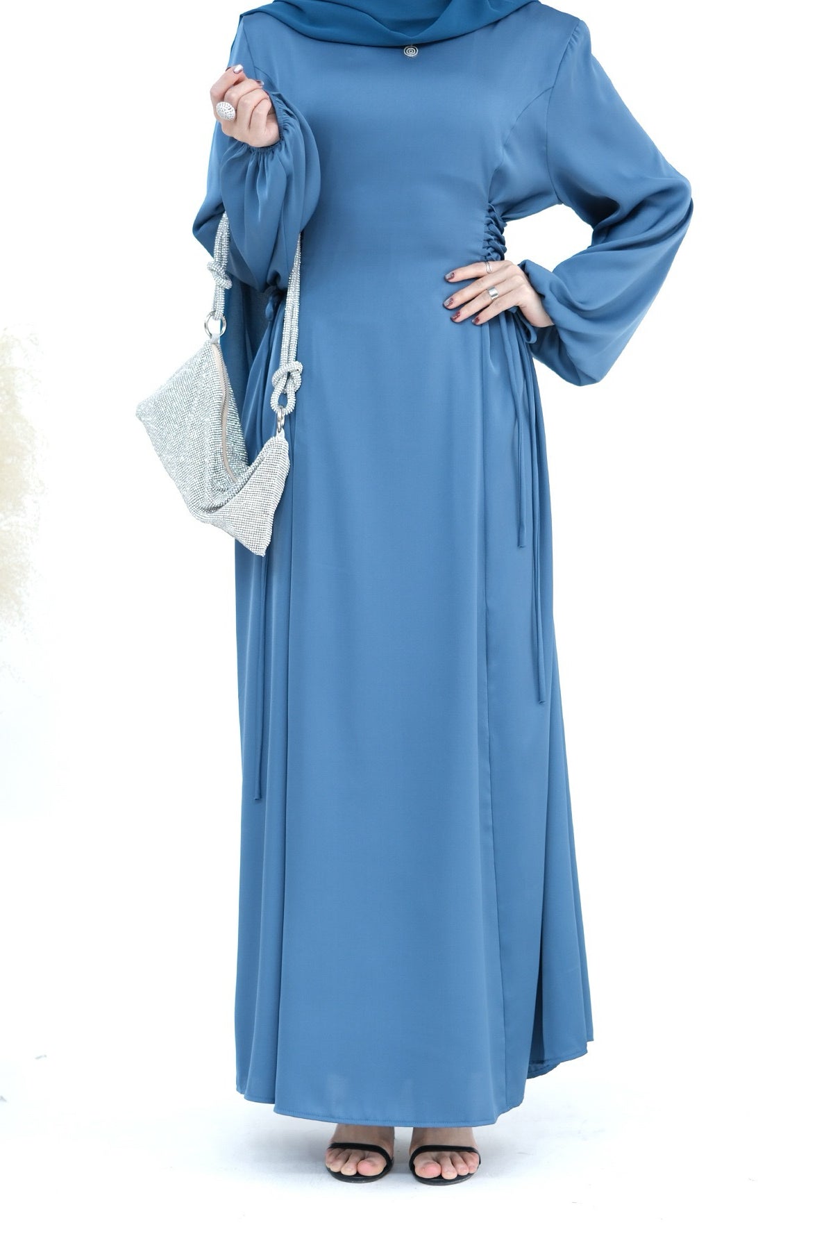 Nasir Satin Bubble Sleeve Abaya with Cinched Waist 702 - Blue - Meliza