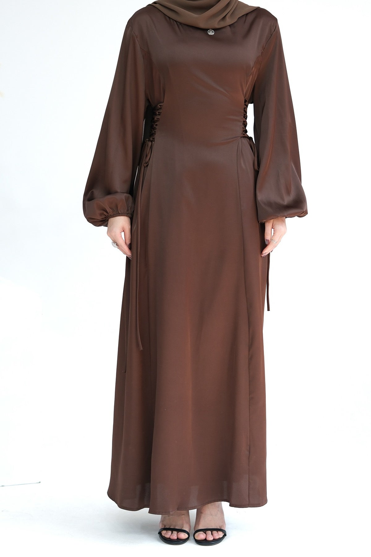 Nasir Satin Bubble Sleeve Abaya with Cinched Waist 702 - Coffee - Meliza