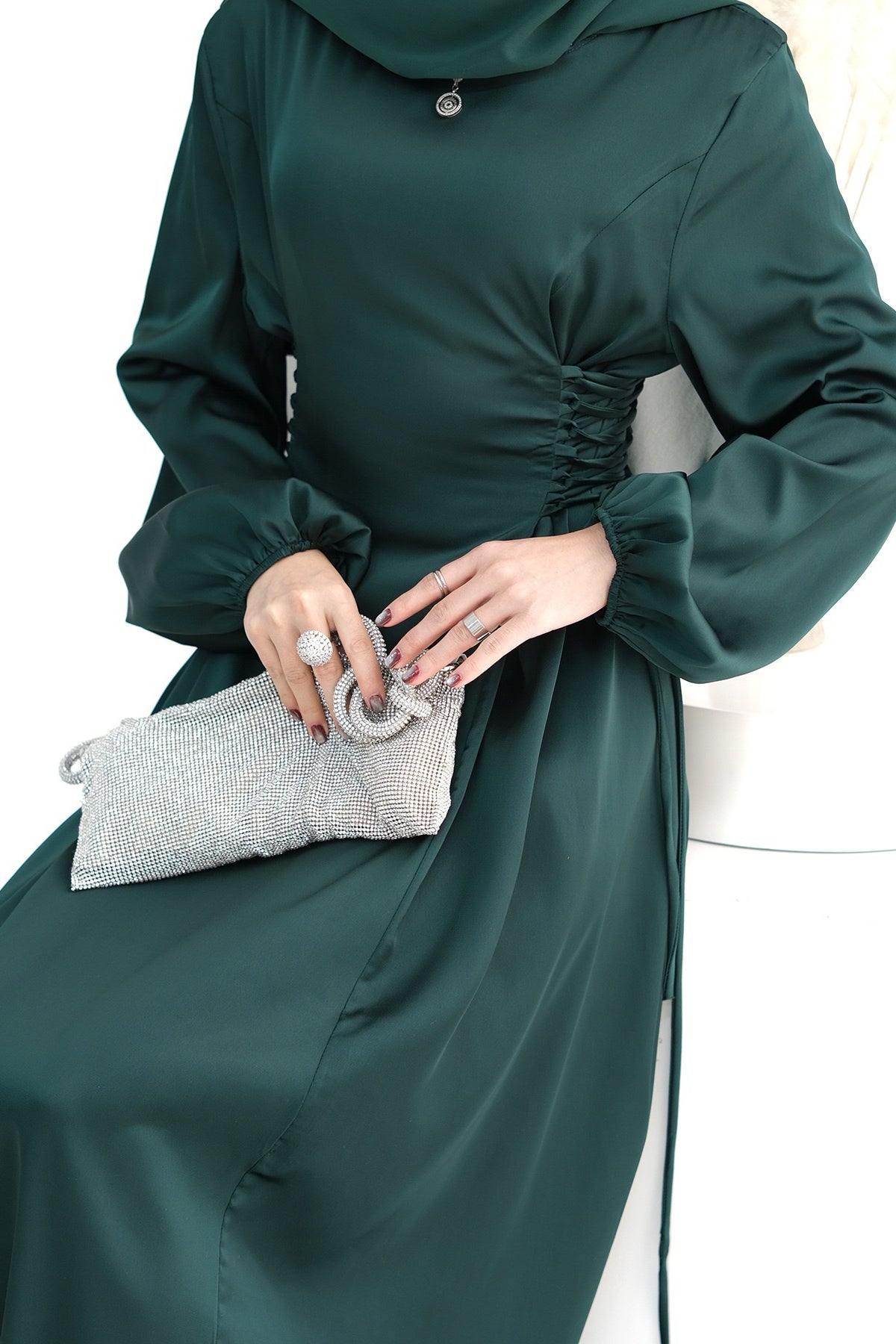 Nasir Satin Bubble Sleeve Abaya with Cinched Waist 702 - Dark Green - Meliza