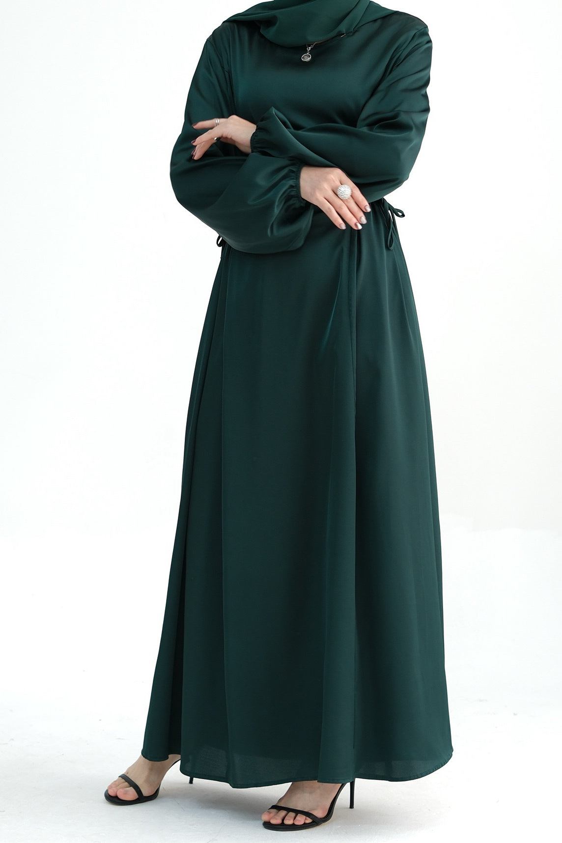 Nasir Satin Bubble Sleeve Abaya with Cinched Waist 702 - Dark Green - Meliza