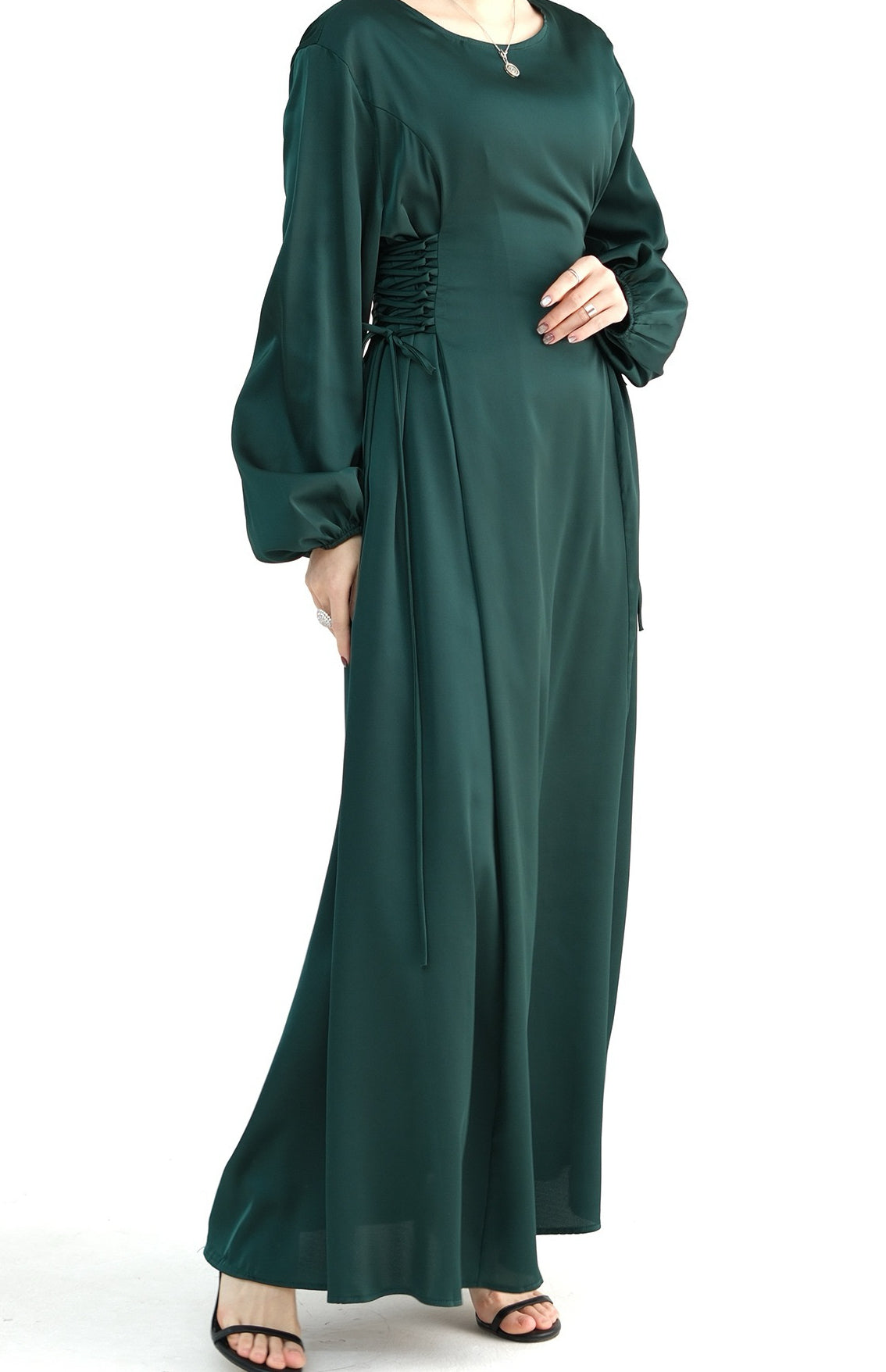 Nasir Satin Bubble Sleeve Abaya with Cinched Waist 702 - Dark Green - Meliza