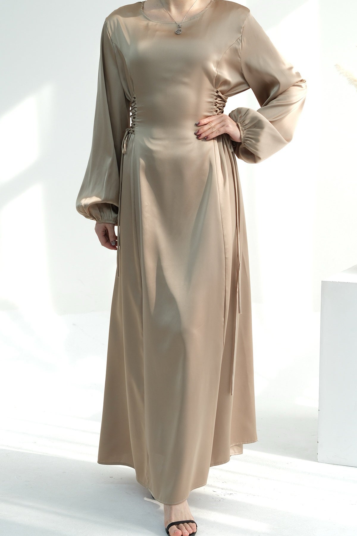 Nasir Satin Bubble Sleeve Abaya with Cinched Waist 702 - Khaki - Meliza