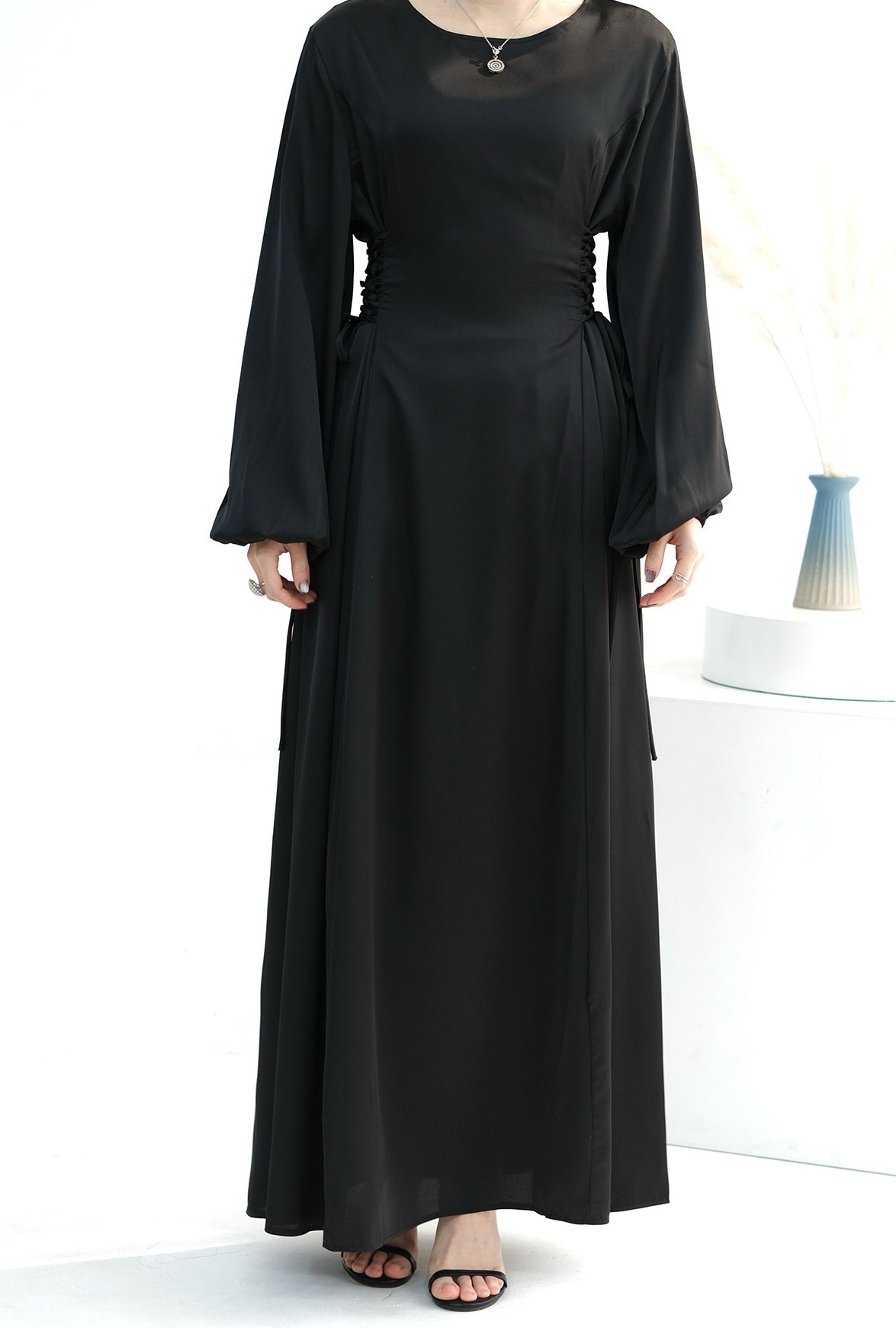 Nasir Satin Bubble Sleeve Abaya with Cinched Waist 702 - Black - Meliza