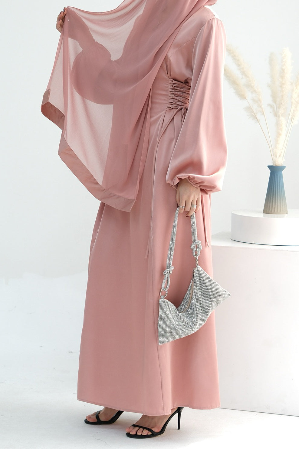 Nasir Satin Bubble Sleeve Abaya with Cinched Waist 702 - Pink - Meliza