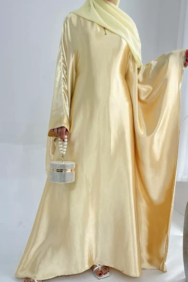 Jahari Shiny Batwing Butterfly Sleeve Maxi Dress Abaya 774 -  Lemon yellow