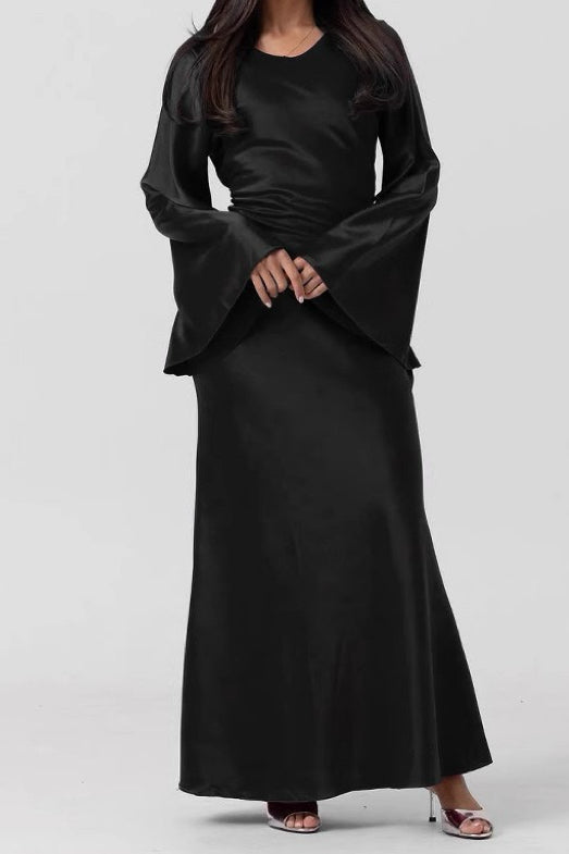 Elaf Tie-Back Satin Maxi Dress Abaya 967 - Black