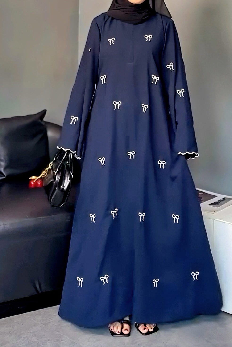 Sahar Loose-Fit Abaya with Embroidered Bow Detail 1000 - Navy