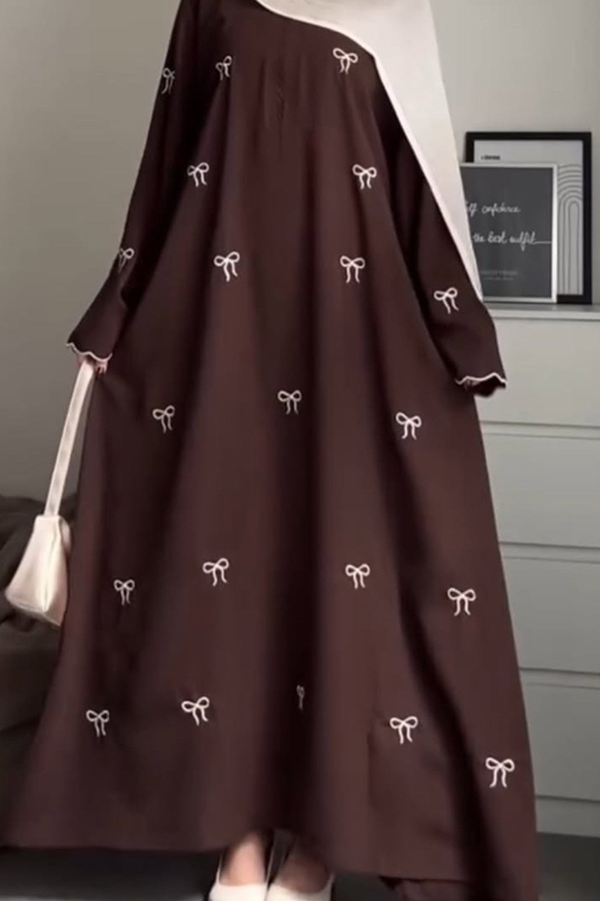 Sahar Loose-Fit Abaya with Embroidered Bow Detail 1000 - Coffee