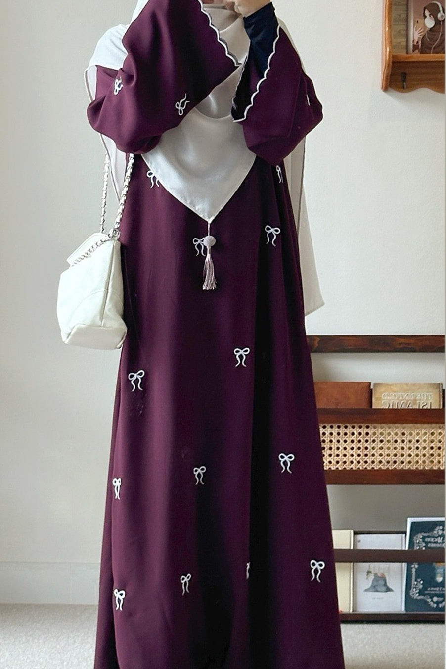 Sahar Loose-Fit Abaya with Embroidered Bow Detail 1000 - Wine