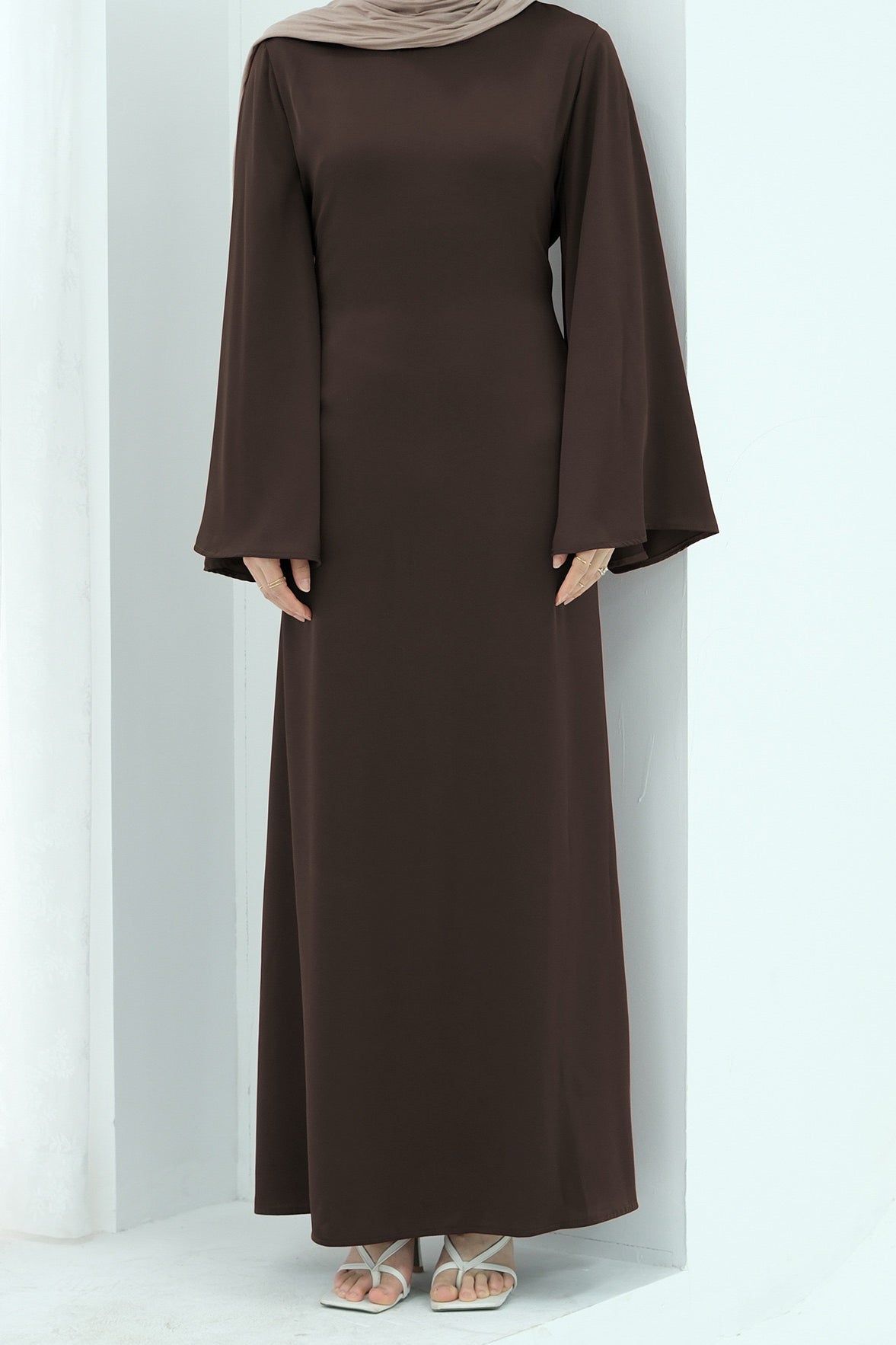 Elaf Tie-Back Satin Maxi Dress Abaya 967 - Coffee