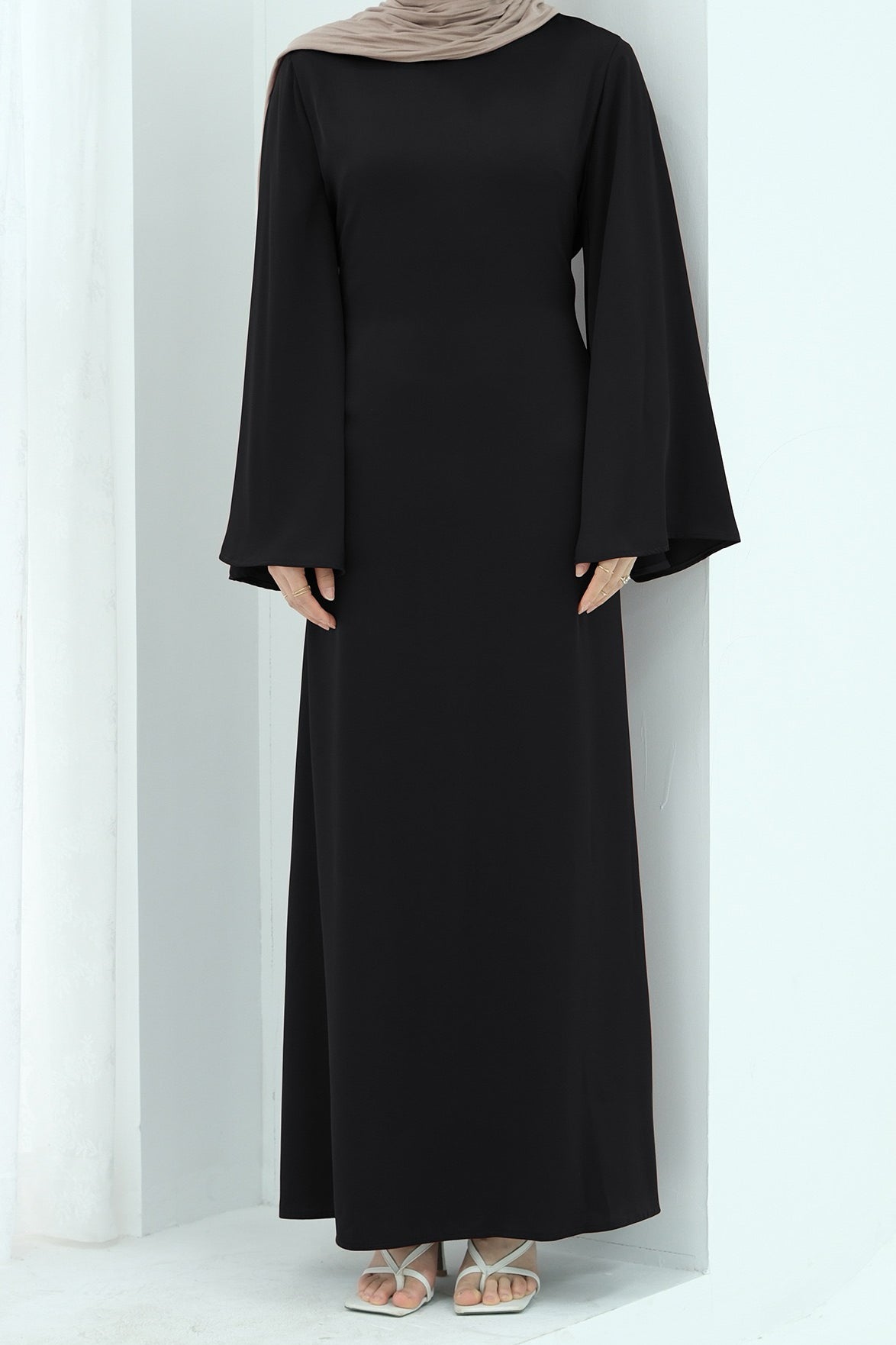 Elaf Tie-Back Satin Maxi Dress Abaya 967 - Black
