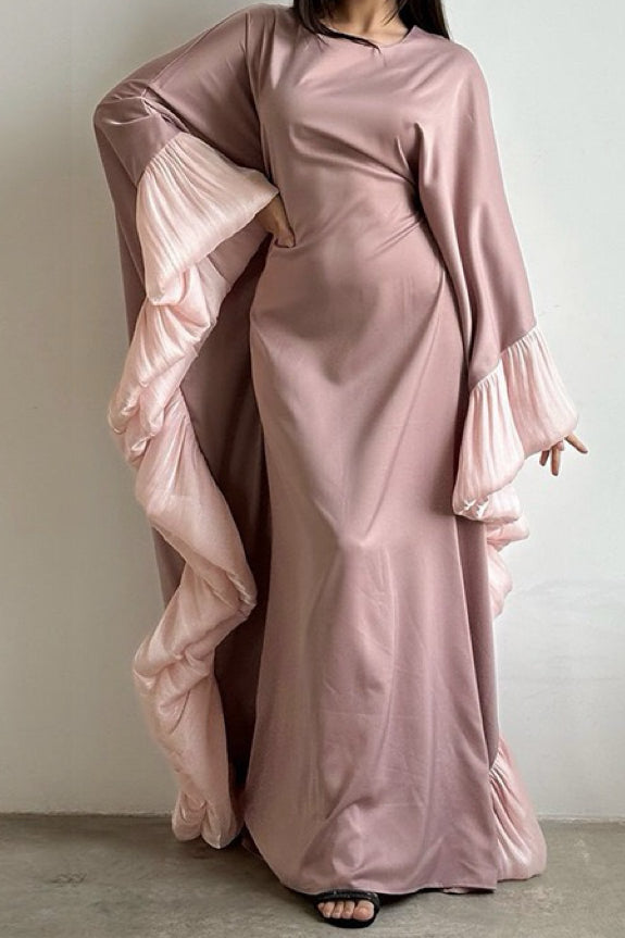 Salma Satin Modest Kaftan Dress with Ruffle Cuff 951 - Pink