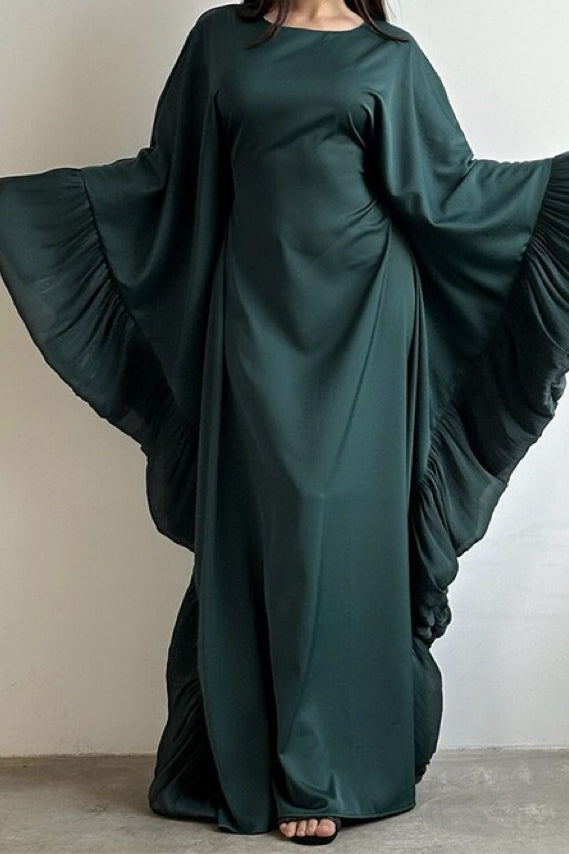 Salma Satin Modest Kaftan Dress with Ruffle Cuff 951 - Dark Green
