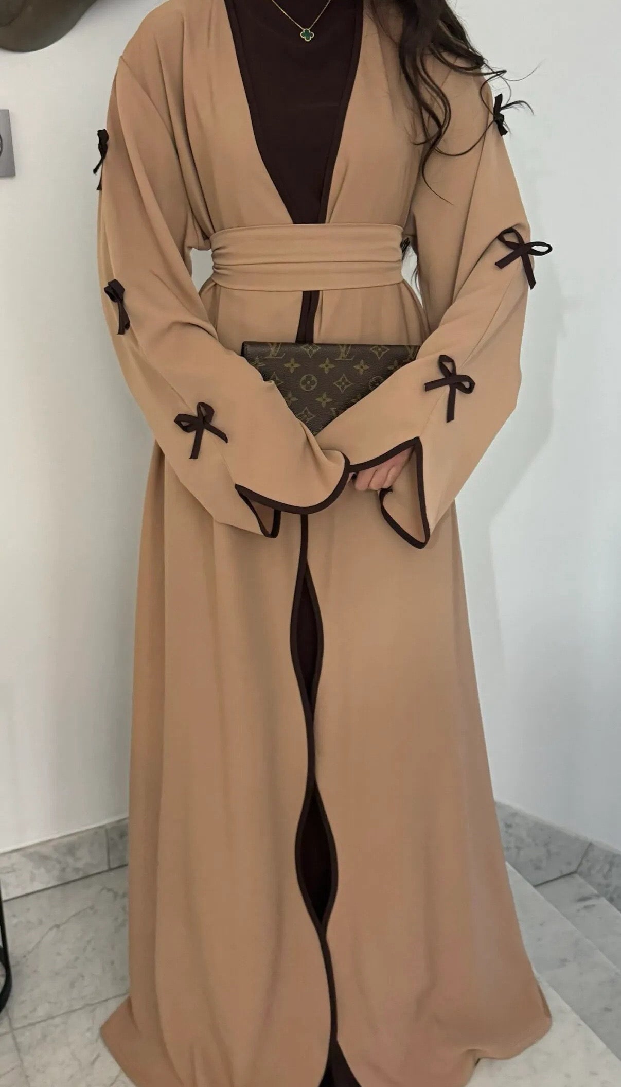 Yasira Nida Elegant Bow-Tie Open Abaya 962 - Khaki