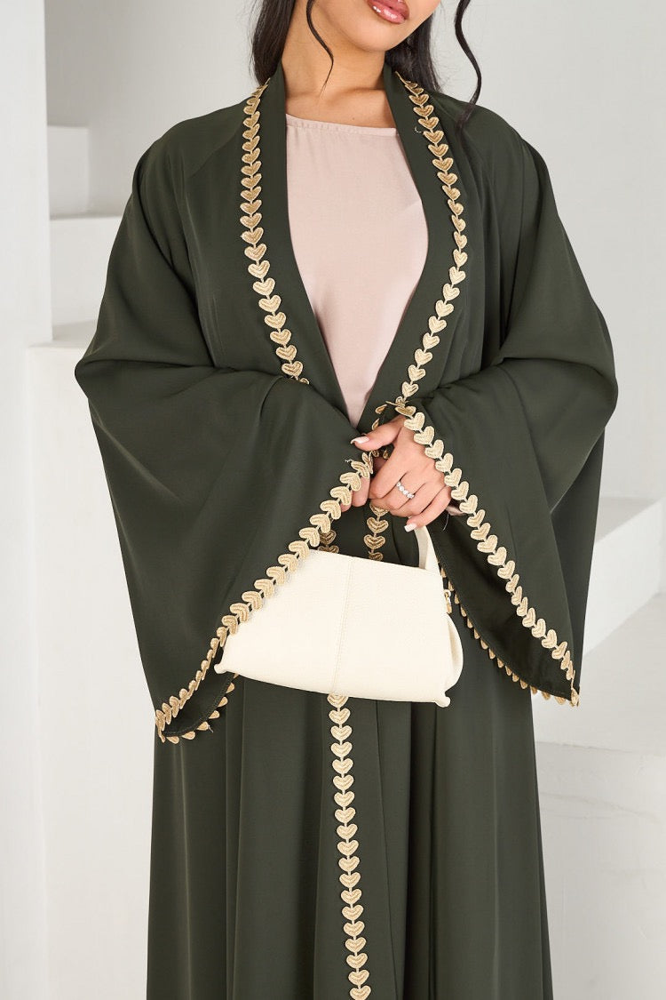 Afiya Nida Open Abaya with Gold Leaf Trimmed Cuffs 1015 - Army Green