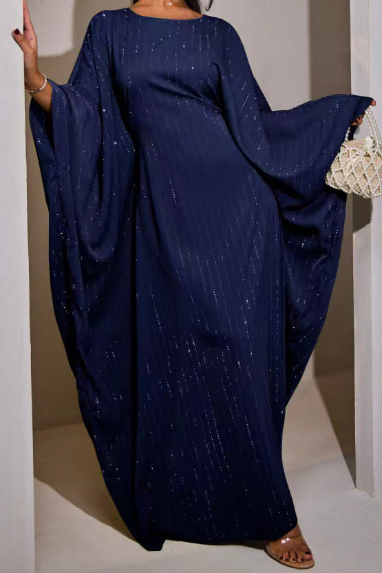 Eshal Rhinestone Embellished Satin Modest Kaftan 998 - Navy