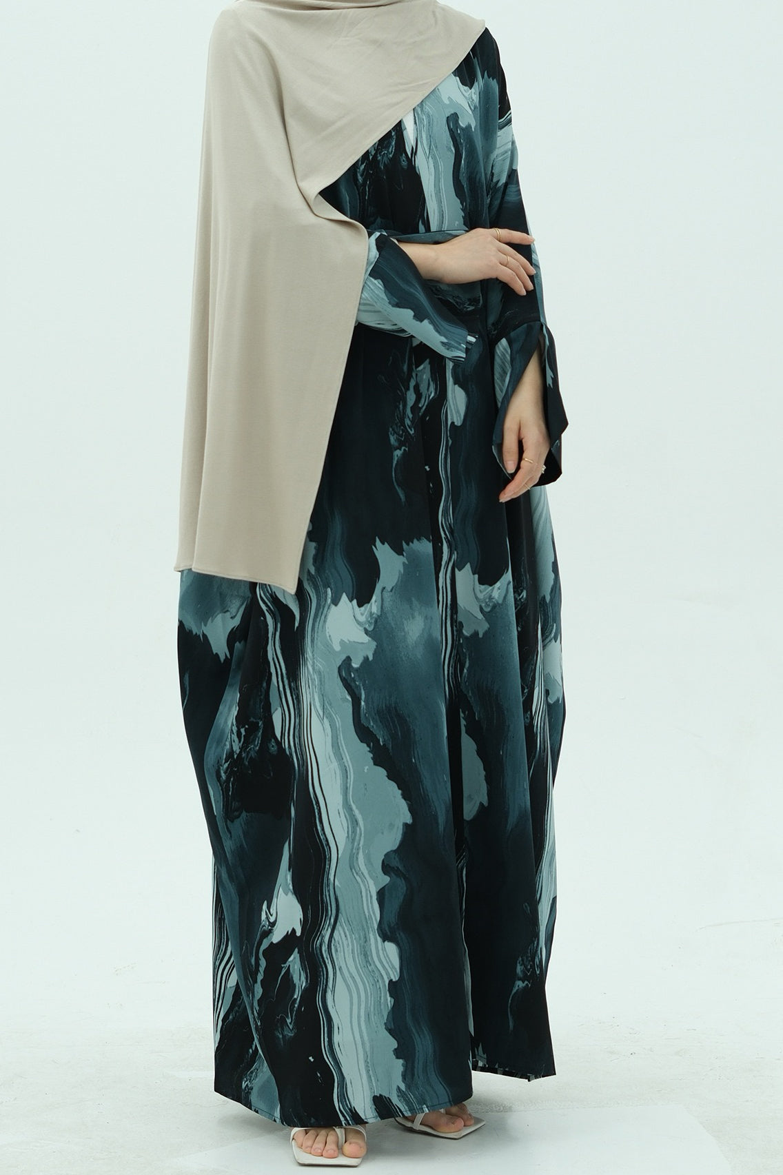 Aziza Chiffon Printed Open Abaya 982 - Blue