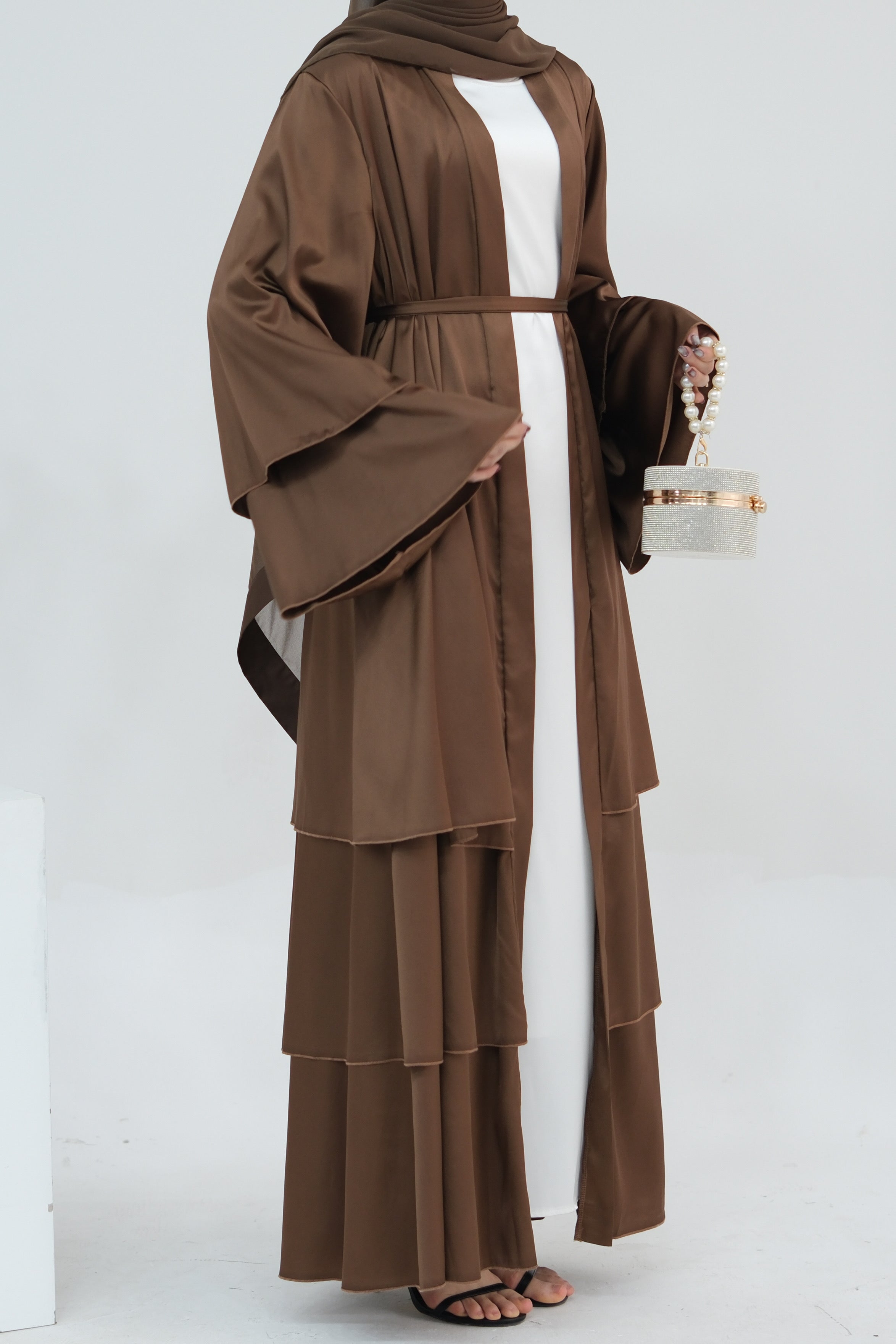 Lakia Satin Bell sleeves Modest Open Abaya 706 - Chocolate - Meliza