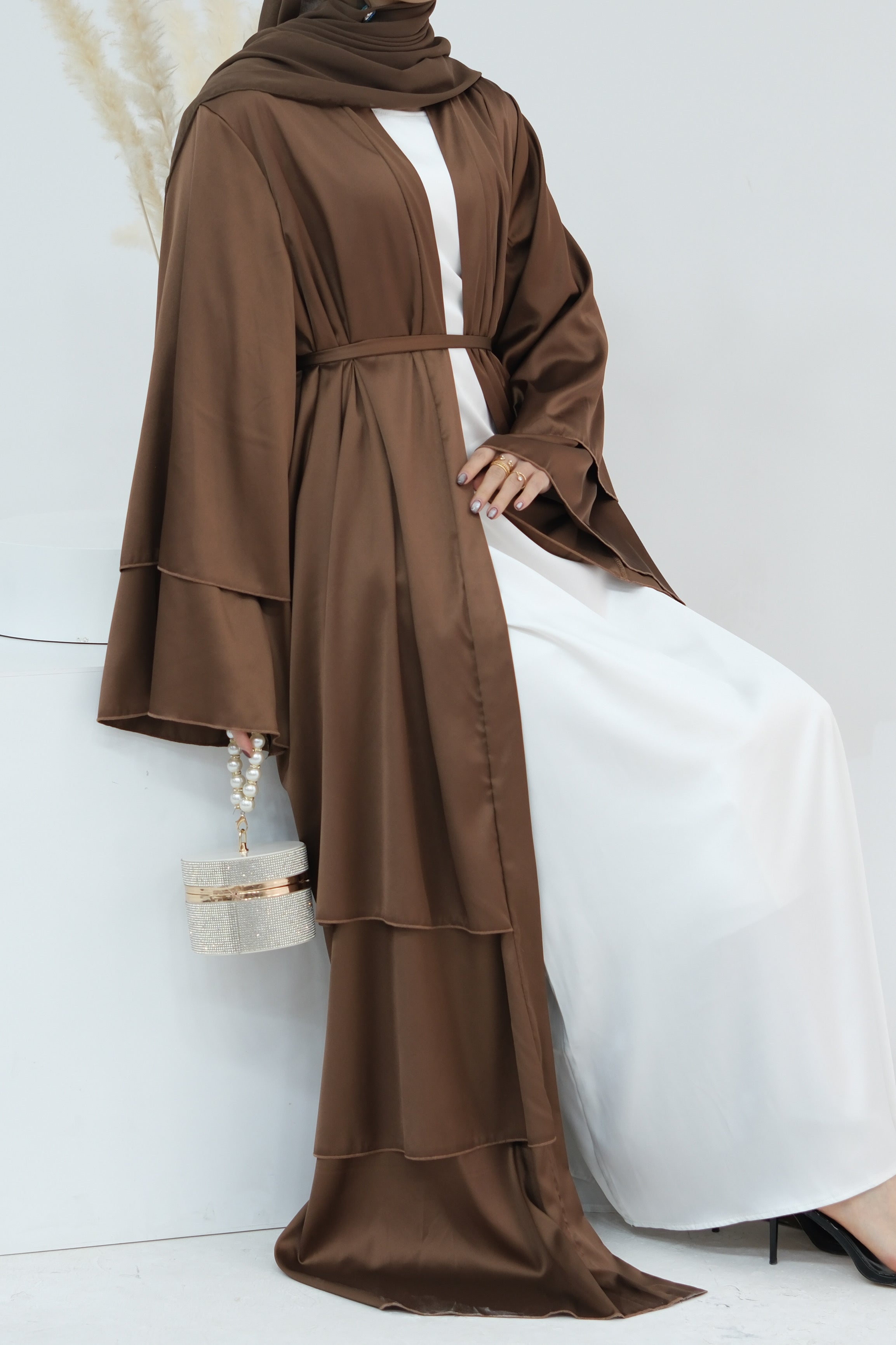 Lakia Satin Bell sleeves Modest Open Abaya 706 - Chocolate - Meliza