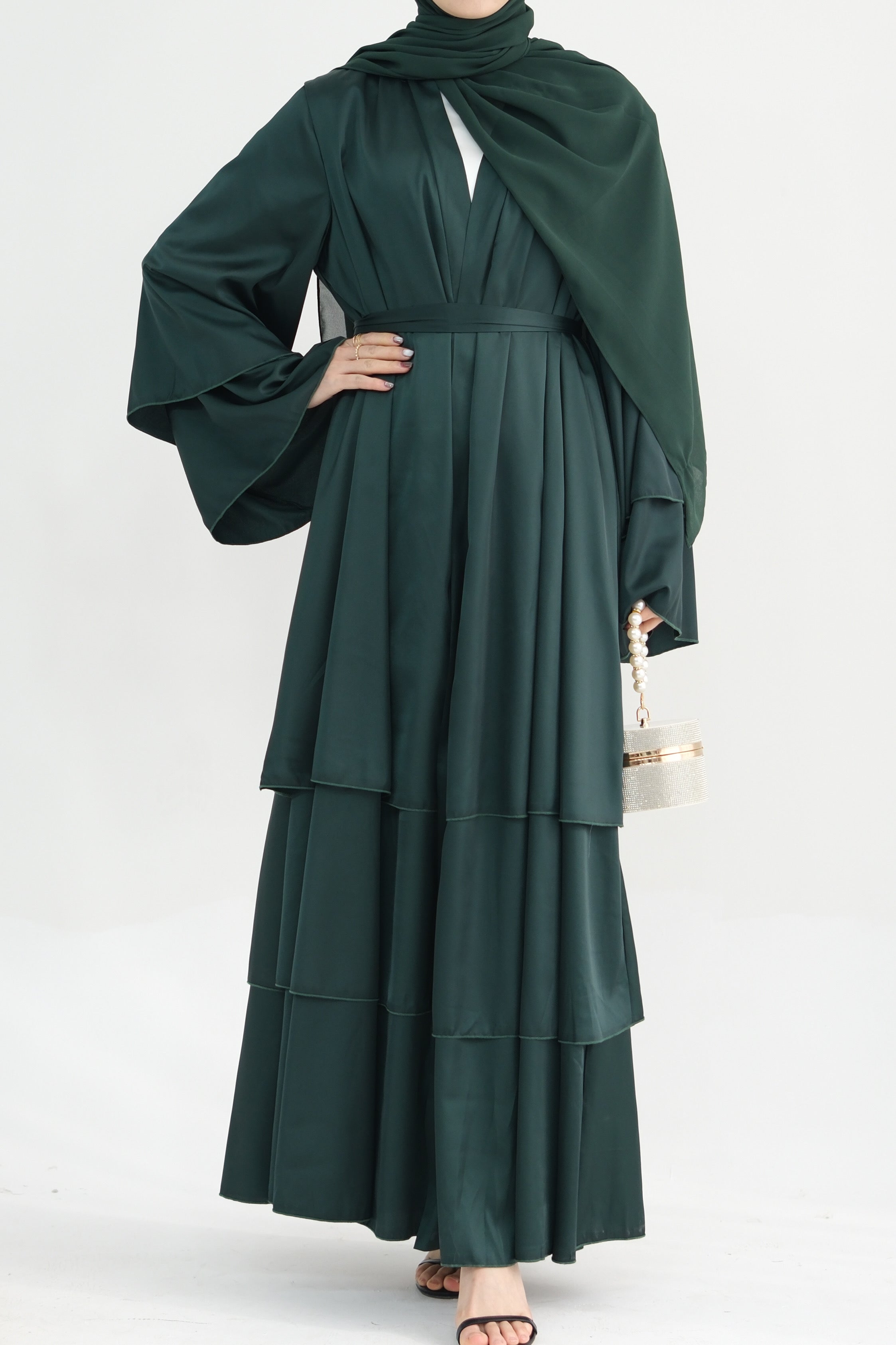 Lakia Satin Bell sleeves Modest Open Abaya 706 - DarkGreen - Meliza