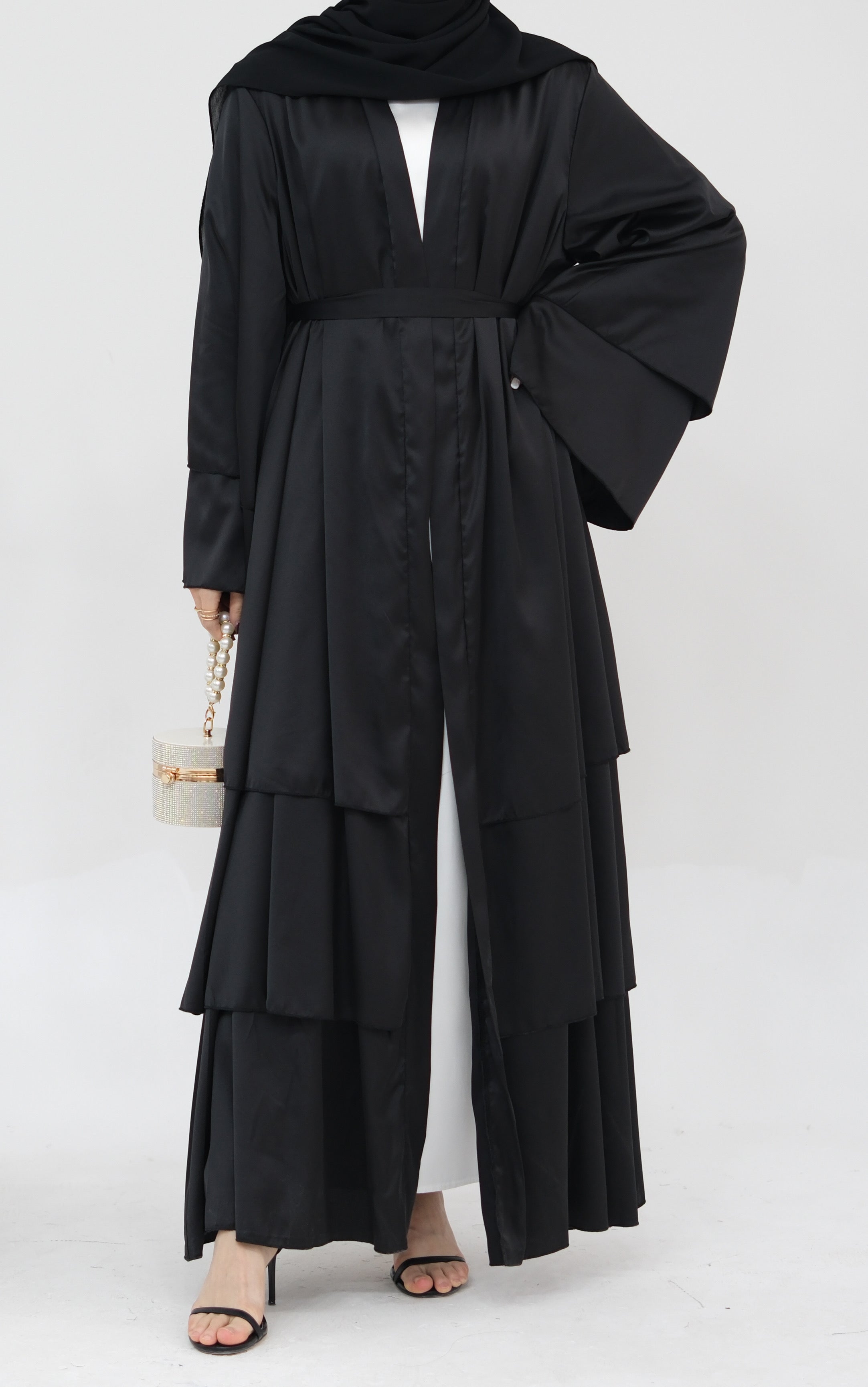 Lakia Satin Bell sleeves Modest Open Abaya 706 - Black - Meliza