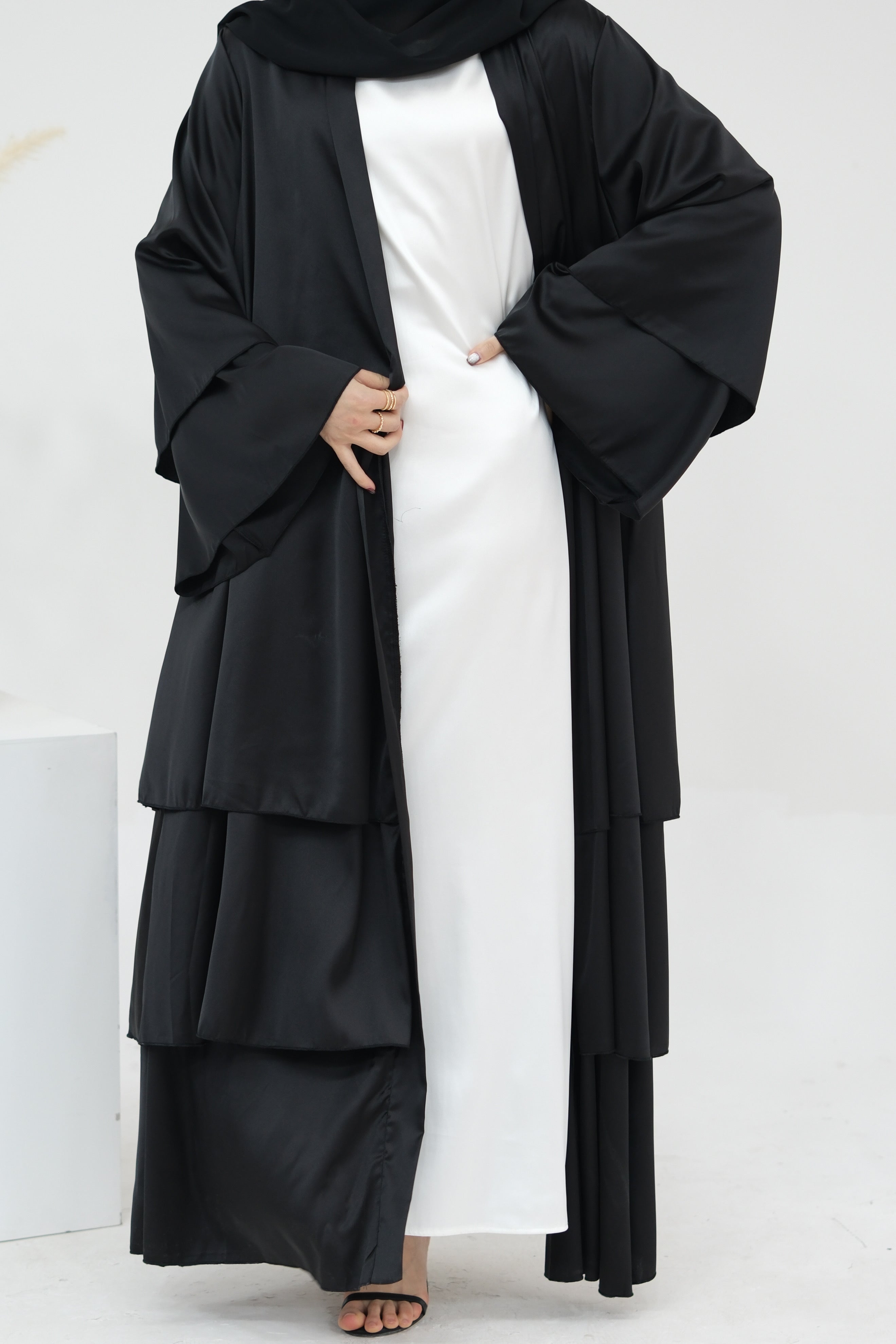 Lakia Satin Bell sleeves Modest Open Abaya 706 - Black - Meliza