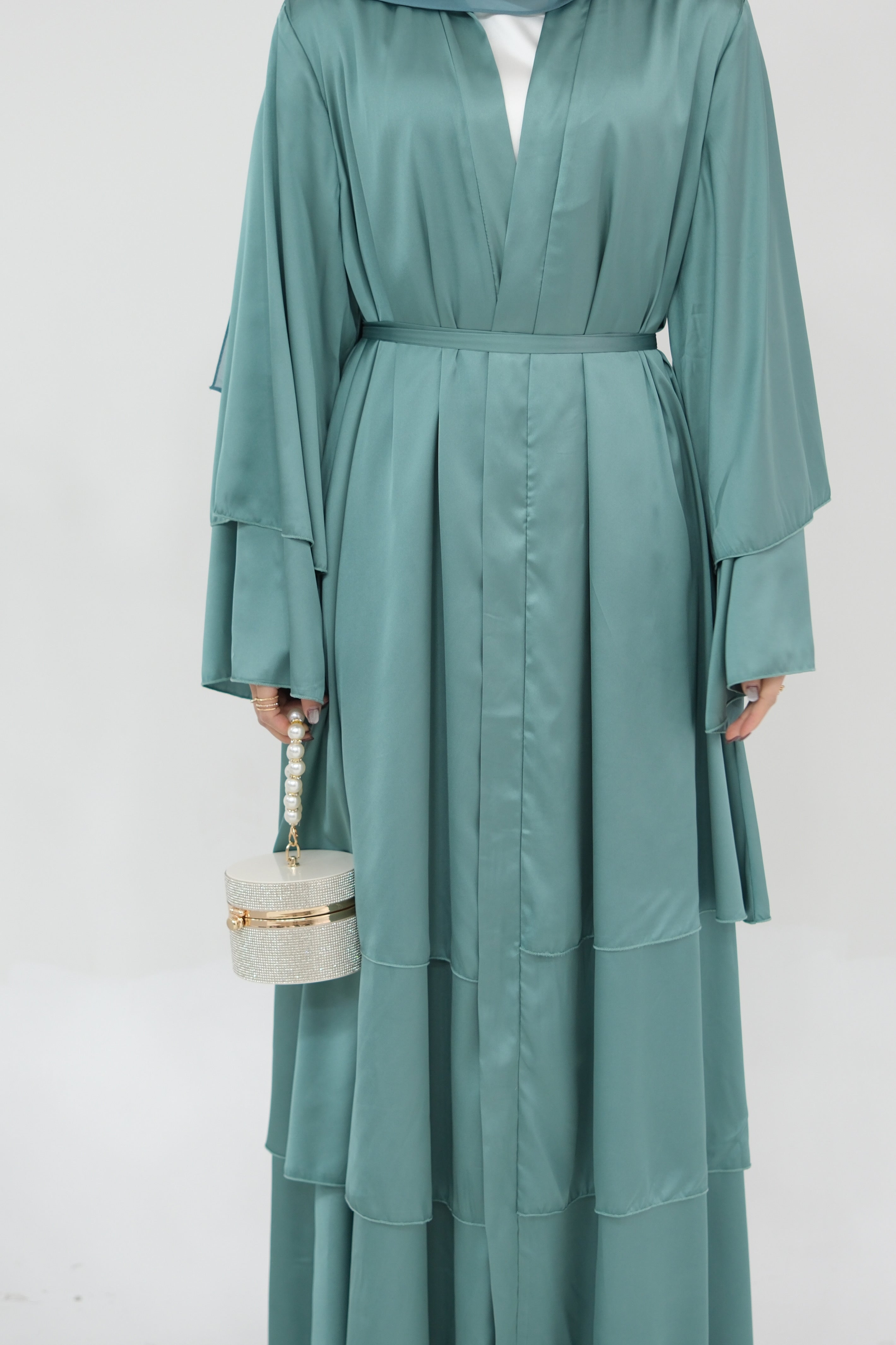 Lakia Satin Bell sleeves Modest Open Abaya 706 - LightSeaGreen - Meliza