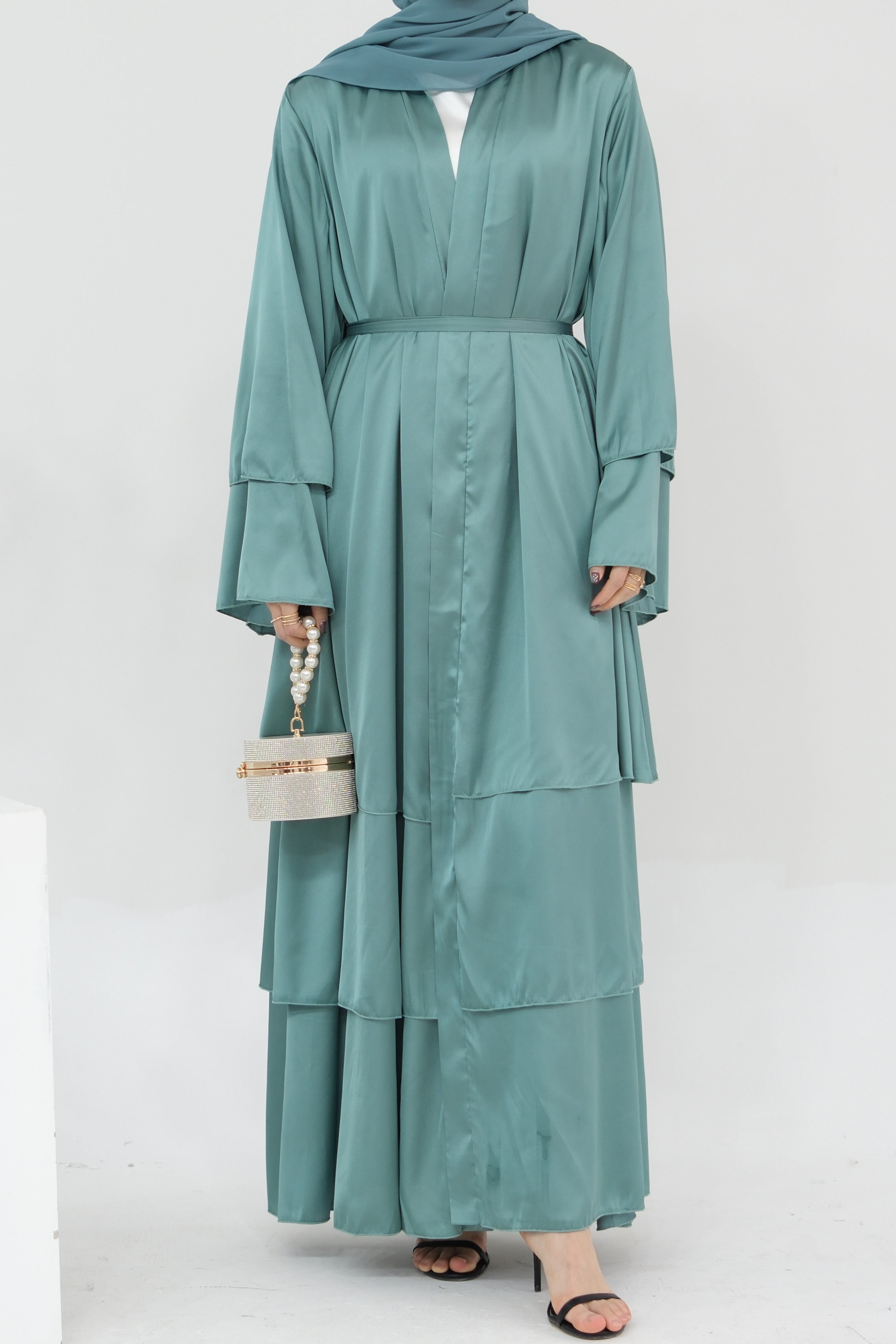 Lakia Satin Bell sleeves Modest Open Abaya 706 - LightSeaGreen - Meliza