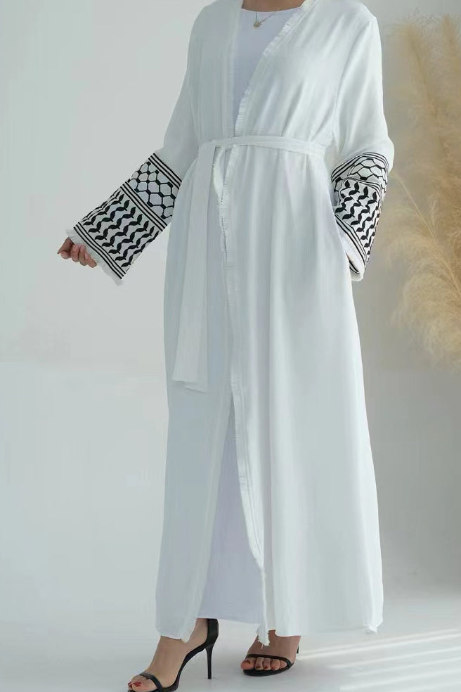 Karina Keffiyeh Inspired Fringed Peace Dove Pattern Embroidery Modest Open Abaya with belt 763 - White - Meliza