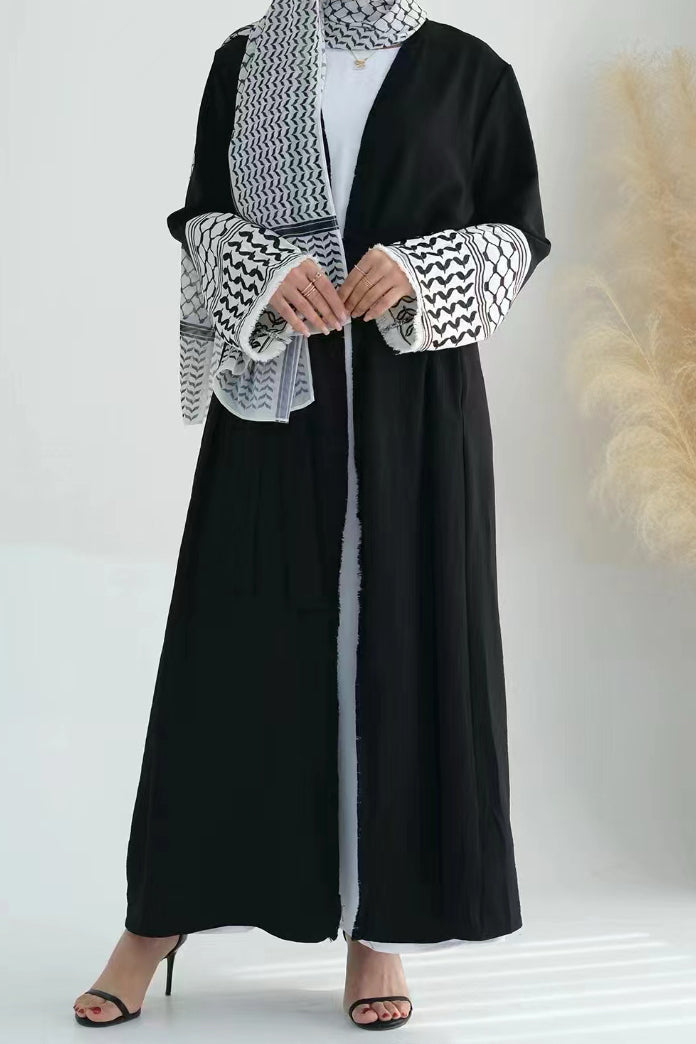 Karina Keffiyeh Inspired Fringed Peace Dove Pattern Embroidery Modest Open Abaya with belt 763 - Black - Meliza